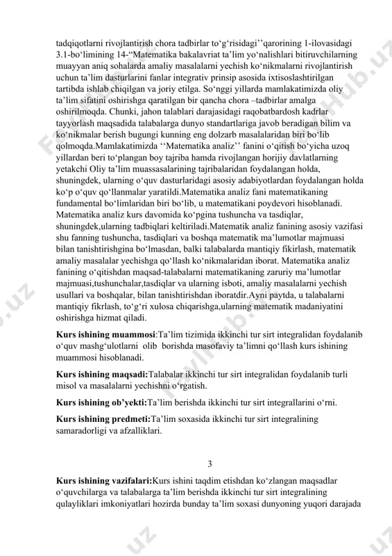 olib chiqishi to‘g‘risida aniq va misollarga asoslangan ma’lumotlarni taqdim qilish va bu ta’lim soxasini rivojlantirish uchun paydo bo‘ladigan yangi takliflarni amalda sinash orqali ularga taqdim qilish.shularni inobatga olib ushbu kurs ishi asosan oliy ta’lim muassasalarining matematika darslari dasturiga kiritilgan sirt intrgrallar va ularning tadbiqlari mavzusida bir nechta misollardagi tadbiqlarini ko‘rib o‘tamiz. kurs ishining asosiy g‘oyasi:ta’lim berishda ikkinchi tur sirt integralining misol va masalalarini o‘rganib chiqish. kurs ishinining tuzulishi: kurs ishi kirish, asosiy qisim, 3 ta paragraf, xulosa, foydalanilgan adabiyotlar ro‘yxati va ilovadan iborat bo‘lib 31 betni tashkil etadi. 4 i bob.ikkinchi tur sirt integralni xossalari 1.1. ikkinchi tur sirt integralli haqida umumiy ma’lumot fazoda (s) sirt z=z(x,y) tenglama bilan aniqlangan. bunda z(x,y) funksiya (d) soxada (d) berilgan, uzluksiz hamda uzluksiz xususiy xosilalar (x,y)(x,y) (d) soxaning chegarasi esa bo‘lakli-silliq chiziqdan iborat bo‘lsin. (s) sirtda uning chegarasi bilan kesishmaydigan k yopiq chiziqni olaylik. () nuqta sirtning k yopiq chiziq bilan chegaralangan qismiga …