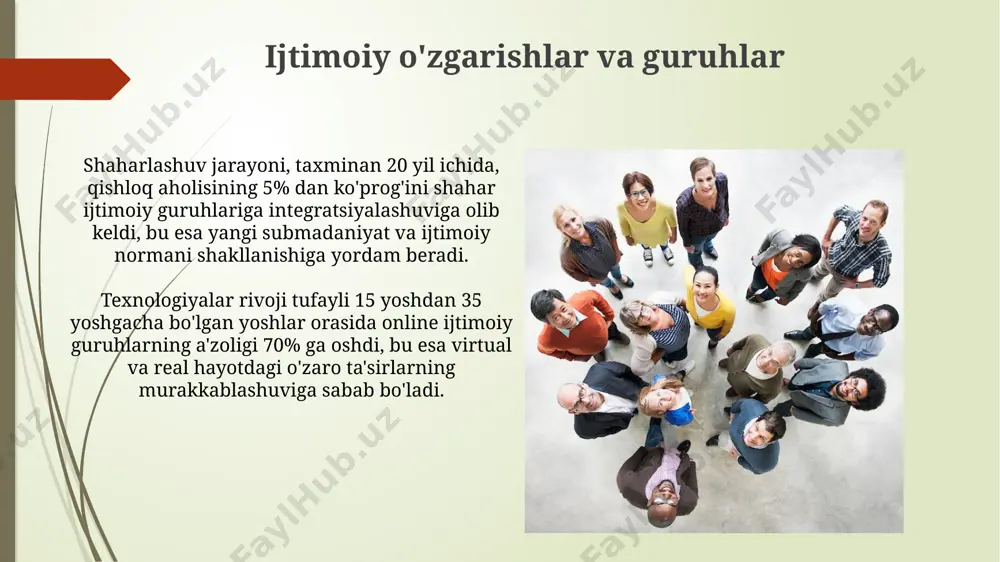 'g'ri javoblarni tanlagan. ijtimoiy ta'sirning turli usullari mavjud: buyruq, iltimos, norma va namuna – ularning samaradorligi vaziyatga va guruhning xususiyatlariga bog'liq. ijtimoiy guruhlarning funksiyalari ijtimoiy guruhlar shaxslarga 3 ta asosiy ehtiyojni – xavfsizlik, mansublik va maqsad hisini qondirishda yordam beradi, bu esa psixologik farovonlikni 20% ga oshirishi mumkin. katta ijtimoiy guruhlar, masalan, millatlar, madaniy normalar va qadriyatlarni saqlashda muhim rol o'ynaydi, 50 dan ortiq subguruhlarni o'z ichiga olishi mumkin. ijtimoiy guruhlar tushunchasi ijtimoiy guruhlar 2 yoki undan ortiq odamlarning o'zaro munosabatlari, umumiy maqsadlari va qadriyatlari bilan birlashgan barqaror tizimini anglatadi, ularning harakatlari va xulq-atvoriga ijtimoiy ta’sir kuchli ta’sir qiladi. ijtimoiy guruhlarning asosiy turlari – asosiy (oila, do'stlar guruhi) va ikkilamchi (kasaba uyushmalari, siyosiy partiyalar) guruhlar bo'lib, ularning o'zaro ta’siri jamiyatning ijtimoiy tuzilishiga ta’sir ko'rsatadi. kamida 3 ta asosiy xususiyatga ega. e'tiboringiz uchun rahmat @taqdimot_robot image1.jpg image2.jpg image3.jpg image4.jpg image5.jpg image6.jpg image7.jpg image8.jpg image9.jpg image10.jpg image11.jpg image12.jpg