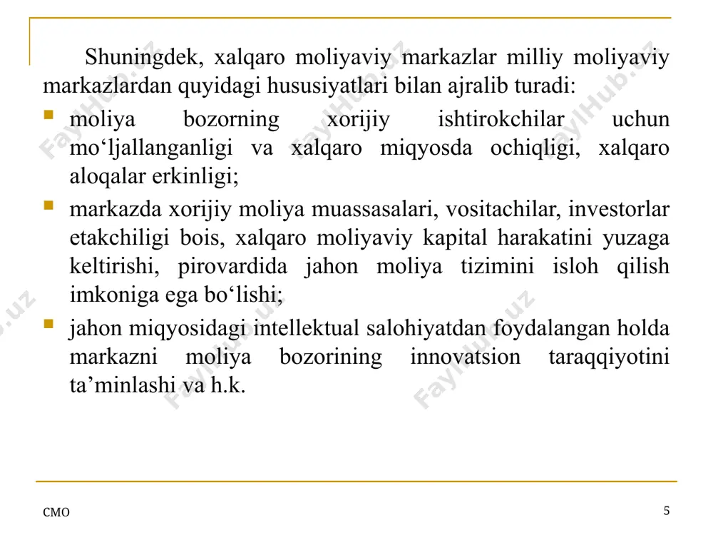 rkibiy tuzilishi 13  - har bir omilning indeksdagi salmog‘i, koeffitsientlarda. ularning yig‘indisi yaxlitlashdagi xatoliklar hisobiga 1 ga teng emas. xalqaro moliyaviy markazlarning rivojlanish indeksi moliya bozori (0,21) oʻsish va rivojlanish (0,21) sanoatni qoʻllab-quvvatlanishi (0,19) xizmatlar (0,20) umumiy muhit (0,20) subyektiv soʻrov tizimi (har bir omilga 0,5 balldan jami 2,5 beradi) obyektiv koʻrsatkichlar tizimi (har bir omilga 0,5 balldan jami 2,5 beradi va u 2 bosqichli koʻrsatkichlar asosida shakllanadi) 2-bosqich (har bir, ya’ni yuqoridagi 5 omilga 3 tadan hosilaviy koʻrsatkichlar asosida baho beruvchi 15 ta obyektiv koʻrsatkichlar tizimi) 1-bosqich (har bir, ya’ni yuqoridagi 15 hosilaviy koʻrsatkichlar hisoblanadigan 46 ta ob’ektiv koʻrsatkichlar tizimi) omillar xalqaro moliyaviy markazlarning rivojlanish indeksida vazni balanslashgan 2-bosqich ko‘rsatkichlar tizimi сmo 14 ob’ektiv ko‘rsatkichlar tizimi (asosiy 5 omil bo‘yicha) 2-bosqich ko‘rsatkichlar tizimi moliya bozori (financial market) kapital bozori (capital market) valyuta bozori (foreign exchange market) bank va sug‘urta bozori (banking and insurance market) o‘sish va rivojlanish (growth …