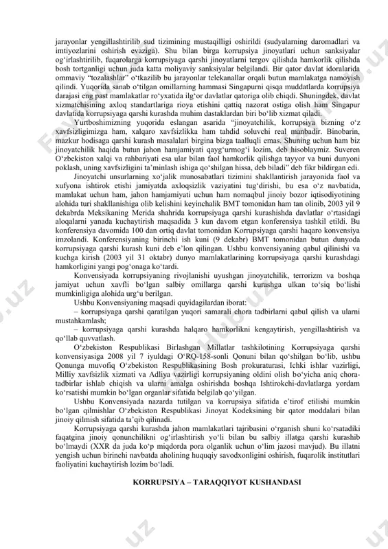 korrupsiyaning dunyoning boshqa mamlakatlariga nisbatan ancha kamayishiga olib keldi. ushbu illatni tadqiq qilgan bir qator yirik mutaxassislar quyidagi faktorlarni korrupsiyani yuzaga keltiruvchi omillar sifatida kо‘rsatadi. ikki xil ma’noni anglatuvchi qonunlar – ushbu vaziyat huquqni qо‘llovchi mansabdor shaxs tomonidan qonunlarni turlicha qо‘llash imkonini yaratadi. shuningdek, ayrim mutaxassislar jinoyat, ma’muriy qonunchilikdagi “vilka” sanksiyalarni ham korrupsiyaga qulay sharoit yaratishi mumkinligi haqida fikr yuritishgan. ya’ni, sanksiyaning aniq miqdori yо‘qligi sudyada uni о‘z hohishiga qarab qо‘llashga sharoit yaratib beradi. aholi huquqiy savodxonligining pastligi – aholi tomonidan qonunlarni bilmaslik yoki tushunmaslik mansabdor shaxsga о‘zining shaxsiy manfaati yо‘lida qonunlardan foydanishga qulay sharoit yaratadi. mamlakatdagi siyosiy vaziyatning notinchligi – mamlakatdagi notinchlik birinchi navbatda aholi ongida hayotda yuksak turmush darajasiga erishishning asosiy usuli qonunga xilof faoliyat bilan bog‘liq, degan mutlaqo axloqqa zid nuqtai nazar shakllanishiga olib keladi. bu esa о‘z navbatida korrupsiyaga qulay sharoit yaratadi. ijro hokimiyatining birligi tamoyilinining buzilishi – aynan bitta faoliyatning turli instansiyalar tomonidan tartibga solinishi: …