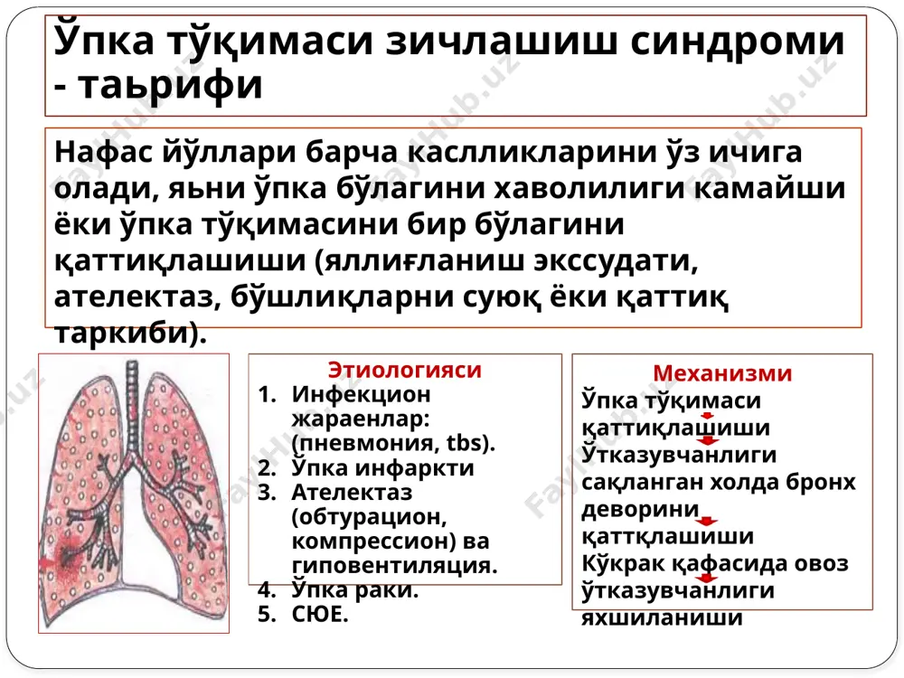 мун танқис холат беморларда пневмония . ўпка тўқимасини зарарланиши характерига ва тарқалишига кўра: ўчоқли (бронхопневмония) бўлакли (асосан пневмококли) сегментар (полисегментар) интерстициал асорати бўйича: асоратланмаган асорталанган (эксудатли плеврит, ўпка деструкцияси, перикардит, плевра эмпиемаси) кечиши бўйича: ўткир кечувчи (4 хафтагача) чўзилувчи ( 4 хафтадан ортиқ) ўчоқли пневмония шикояти тана харорати (37-38с) хансираш балғамли йўтал шиллиқ йирингли ёки йирингли балғам нафас олиш вақтида кўкрак қафасида оғриқ кўрик цианоз, юз чаккасида гиперемия (facies febrilis) жарохатланган тамонда нафас актида кўкрак қафасини ортда қолиши пальпация овоз дириллаши кучайган ёки ўзгармаган (ўлчамига ва локализациясига боғлиқ) перкуссия ўчоқ юзаки жойлашган бўлса тўмтоқлашган ёки тўмтоқ товуш аускультация бронховезикуляр нафас бронхофония кучайган майда пуфакчали жарангли нам хириллашлар. nb! при очаговой пневмонии из-за меньшего объема поражения легочной ткани клиника – более скудная!!! диагностика алгоритми симптомлар кучайиб борувчи ёки қайта кайталанувчи йўтал хансираш нафас олиш билан боғлиқ бўлган кўкрак қафасида оғриқ балғам кузатилиши (шиллиқ-йирингли ёки йирингли) харорат ( 38 с дан баланд …