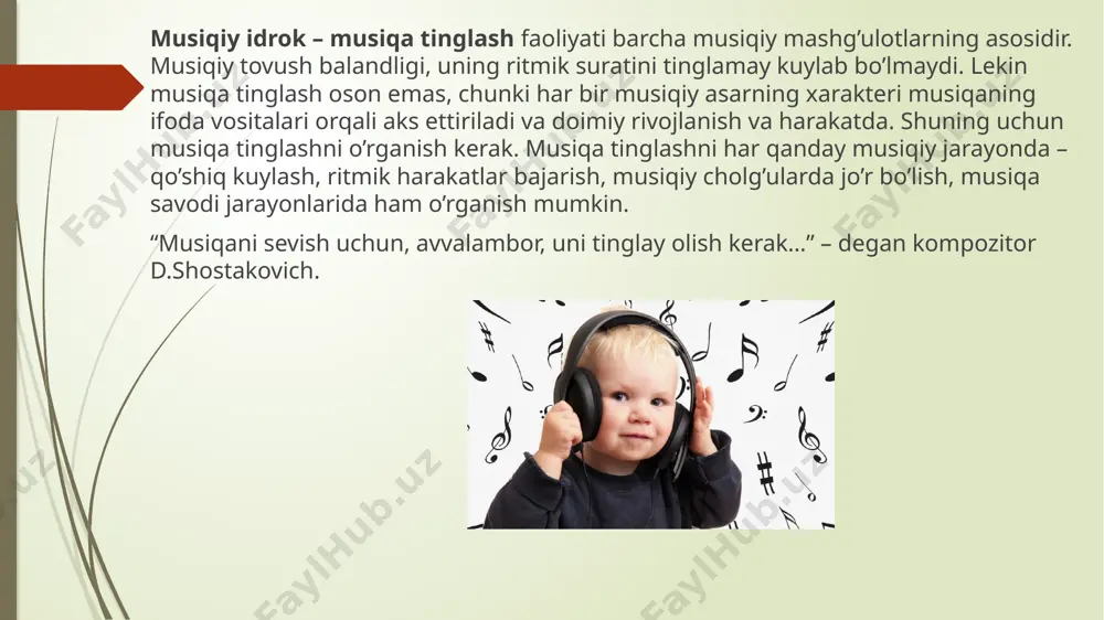 uchun quyidagi vazifalar amalga oshiriladi: o’quvchilarni musiqiy qobiliyatlarini rivojlantirish. musiqani (tinglash) idrok etish malakasini o’stirish. qo’shiq kuylash malakasini o’stirish. musiqiy badiiy-g’oyaviy mazmun vositasida axloqiy estetik tarbiyalash. musiqa idroki – musiqa mazmunini eshita bilish va hissiy kechinmalari asosida o’zlashtirishdir. musiqiy idrok- murakkab psixologik jarayon bo’lib, uning asosida real borliqning obrazlar orqali musiqiy tovushlarda aks etishini eshita olish va undan ta’sirlanish qobiliyati yotadi. o’quvchilarda, ayniqsa, 3-4- sinflarda, musiqa idrokini rivojlantirish murakkab vazifadir. 3-4- sinflarda o’quvchilar asosan xalq musiqasining ommaviy janrlariga kiruvchi ko’plab asarlarni yakkanavoz, cholg’u asboblari va orkestr, xor jamoasi ijrosidagi variantlarda tinglaydilar. musiqiy asarlarni tinglash, idrok etish, mazmuni va kayfiyatini anglash jarayonida o’qituvchi o’quvchilarga yordam berishi kerak. buning uchun o’qituvchi: -o’quvchilarni tinglanadigan asarga hissiy tayyorlaydi; -o’quvchilarni madaniyatli tinglovchi sifatida tarbiyalaydi; -musiqaning mazmuni, ifoda vositalarini oddiy tahlil qilishga o’rgatadi; -musiqa haqida fikr yuritish, asarga estetik baho berish ko’nikmalarini hosil qiladi; musiqa idroki musiqiy asarni o’rganish jarayonida rivojlanadi va bu jarayon 4 bosqichda …
