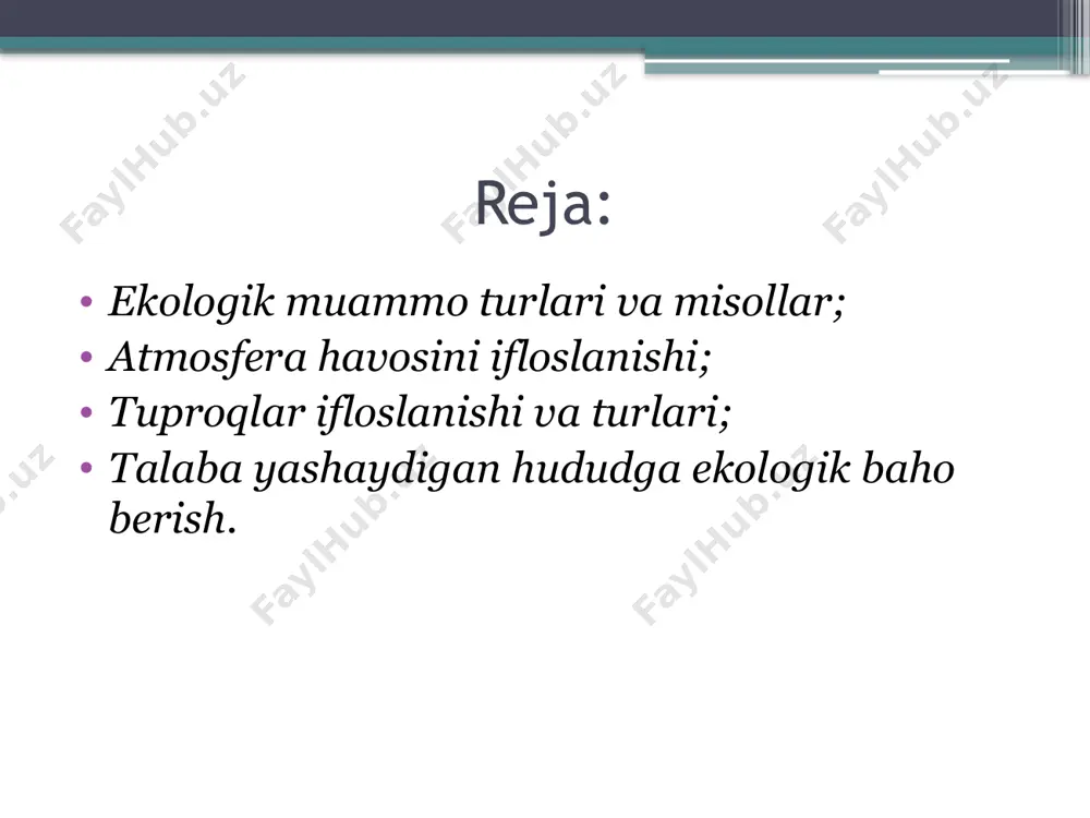 iqindilar pestitsidlar – defolyatsiya (bargni to’kish) gerbitsidlar (begona o’tlarga qarshi) inseksidlar (hasharotlarga qarshi) tuproq erroziyasi eroziya deganda tog’ jinslari va tuproqning suv va shamol ta’sirida yemirilishi tushuniladi. tiproq qatlamining atmosfera yog’inlari va sug’orish suvlari ta’sirida yemirilishi suv eroziyasi deyiladi. suv eroziyasining mohiyati sug’orish uchun kelayotgan suv miqdorining shimilayotgan suvdan ortiq bo’lishi. tuproq sho’rlanishi tarkibida suvda oson eriydigan va o’simliklarga salbiy ta’sir qiladigan tuzlarning miqdori 0,3% dan ko’p bo’lgan tuproqlarga sho’rlangan tuproqlar deyiladi. sho’rlanish qishloq xo’jaligi ekinlarini sug’orish jarayonida sizot suvlari sathining ko’tarilishi va uni bug’lanishi natijasida hamda minerallashganlik darajasi yuqori suv bilan sug’orish natijasida yuz beradi. deflyatsiya shamol kuchi ta’sirida tuproq zarrachalarining ko’chishi natijasida shamol eroziyasi-deflyatsiya yuz beradi. qumliklarni shamol ta’sirida ko’chishdan saqlashda selen, shuvoq, yulg’un va boshqa cho’l o’simliklaridan tashkil topgan mustahkam o’simlik qoplamini vujudga keltirish hamda saksovul, qandim, quyonsuyak kabi cho’l butalaridan o’rmonzorlar barpo etish yaxshi samara beradi. uyga vazifa ekologik muammolarni to’liq o’rganish; atmosfera , tuproq va …