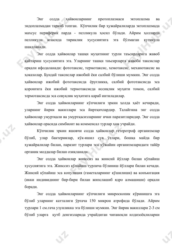 ҳаёт кечиради. бундай бир ҳужайралилар ноқулай шароитда циста ҳосил қилиб, ўзларининг ҳаётчанлигини сақлаб қолиш хусусиятига эга. энг содда ҳайвонларнинг 20 фоиздан ортиғи умуртқасиз ва умуртқалиларнинг паразитларидир. энг содда ҳайвонлар ер юзида кенг тарқалган бўлиб уларнинг сувда яшовчи талайгина турлари биосферадаги модда айланишида муҳим аҳамиятга эга. типнинг систематик асослари ва систематикаси. энг содда ҳайвонлар типи 40 мингдан ортиқ турларга эга. бундай турлар ҳаракат органеллаларининг тузилиши ва кўпайиш хусусиятларига кўра систематик жиҳатдан тартибга солинган ва 5 та синфга ажратилган. 1 - синф саркодалилар – sarcodina. 2 - синф хивчинлилар - mastigophora ёки flagellаta. 3 - синф споралилар – sporozoa. 4 - синф книдоспоридиялар – cnidosporidia. 5 - синф инфузориялар – infusoria. саркодалилар синфи. саркодалилар синфи ўз ичига жуда оддий тузилишга эга бўлган бир ҳужайралиларни олади. улар типнинг бошқа синфларидан қуйидаги морфологик хусусиятлари билан ажралиб туради: ҳаракат органеллалари псевдоподиялар, яъни ёлғон оёқлардан ташкил топган, улар ҳаракат қилишдан ташқари озиқани қамраш вазифасини ҳам ўтайди; …