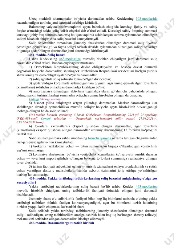 an olingan daromad summasi ro‘yxatdan o‘tilgan sanadan to kalendar yil tugaguniga qadar, 365 ga bo‘lingan va ro‘yxatdan o‘tilgan sanadan to kalendar yil tugaguniga qadar bo‘lgan kunlar soniga ko‘paytirilganda bir milliard so‘mga teng summadan oshsa, u holda bunday shaxslar ro‘yxatdan o‘tilgan yildan keyingi yildan e’tiboran qo‘shilgan qiymat solig‘i va foyda solig‘ini to‘lashga o‘tadi. vositachilik, topshiriq shartnomasi va vositachilik xizmatlari ko‘rsatishga oid boshqa shartnomalar bo‘yicha vositachilik xizmatlari ko‘rsatuvchi soliq to‘lovchilar, shu jumladan telekommunikatsiyalar operatorlari va (yoki) provayderlariga vositachilik xizmatlarini ko‘rsatuvchi yakka tartibdagi tadbirkorlar tovarlarni (xizmatlarni) realizatsiya qilishdan olingan daromadni realizatsiya qilish bo‘yicha umumiy aylanmadan (bitim summalaridan) kelib chiqqan holda aniqlaydi. bo‘sh turgan binolar, yashash uchun mo‘ljallanmagan inshootlar va qurilishi tugallanmagan obyektlar, shuningdek foydalanilmayotgan ishlab chiqarish maydonlarining mulkdori bo‘lgan yuridik shaxslar, ularni samarasiz foydalanayotganligi bo‘yicha xulosa kiritilgan oydan keyingi oyning birinchi sanasidan boshlab qo‘shilgan qiymat solig‘ini va foyda solig‘ini to‘lashga o‘tadi. qurilishi tugallanmagan obyektlar va foydalanilmayotgan ishlab chiqarish maydonlarining mulkdorlari bo‘lgan yuridik shaxslar, …
