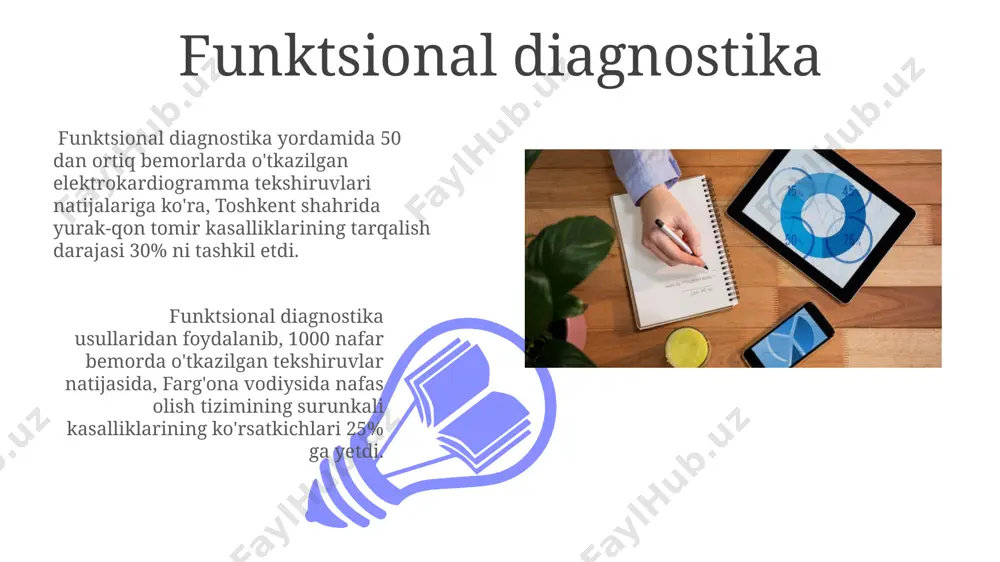 qali 10-15 soat ichida natija beradi. instrumental diagnostika instrumental diagnostika yordamida 50 yoshdan oshgan 100 nafar toshkentlik bemorda o't pufagi toshlarini aniqlash uchun ultratovush tekshiruvi samaradorligi 95% ni tashkil etdi. qo'shma shtatlarda o'tkazilgan tadqiqotlarda ko'rsatilganidek, 2000 dan ortiq bemorlarda kompüter tomografiya (kt) yordamida o'pka saratonini aniqlashda, dastlabki bosqichlarda aniqlash darajasi 75% ga yetdi. davolash va profilaktika choralari toshkent shahridagi 1-sonli shifoxonada 2022-yilda o'tkazilgan tadqiqotlar natijalariga ko'ra, erta tashxis qo'yish 50% ga yuqori samaradorlikni ta'minlaydi va o'lim hollari sonini 15% ga kamaytiradi. samarqand viloyatida 3 yillik kuzatuv davomida profilaktika choralari natijasida yurak-qon tomir kasalliklarining tarqalishi 7% ga pasayganini ko'rsatdi, bu esa 1000 kishiga nisbatan 20 ta holat kamroq demakdir. sitologik va gistologik tekshiruvlar 01 02 gistologik tekshiruvlar, biopsiya namunalarini mikroskop ostida tahlil qilish orqali, samarqanddagi patologiya laboratoriyalarida 5 mikrometrli kesmalar yordamida to'qima tuzilishini batafsil o'rganish imkonini beradi va aniq tashxis qo'yishga yordam beradi. sales 1st qtr 2nd qtr 100 0 sales …