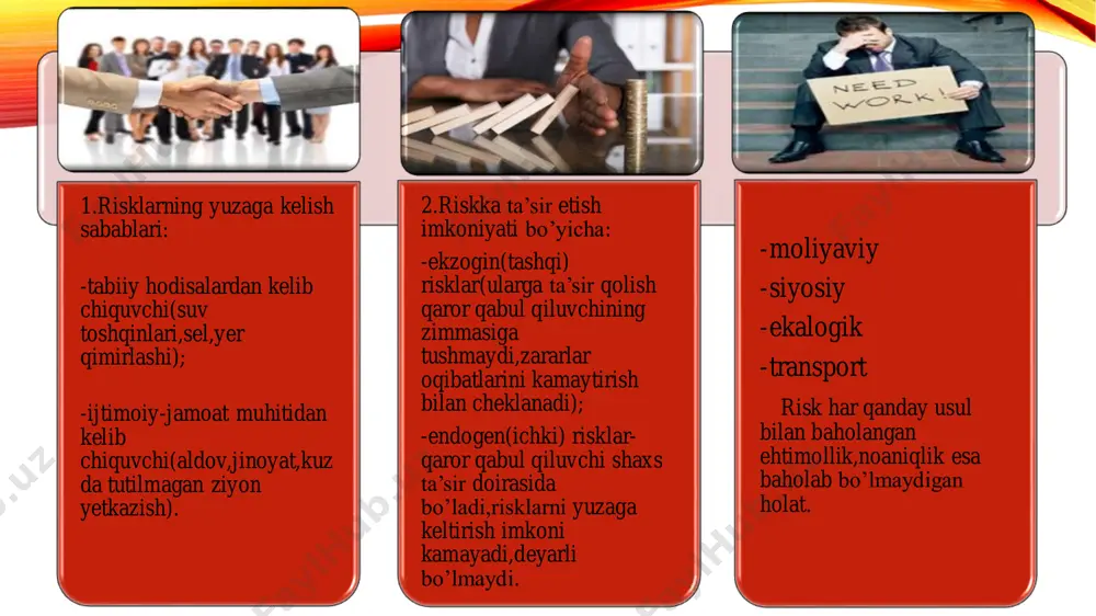 0 so’mdan sotishi mumkin, agar muvaffaqiyatga erishmasa,har bir aksiya uchun 1000 so’m oladi. firmaning bozorga muvaffaqiyatga erishish ehtimoli 0,6 ga teng bo’lsa, kutilgan divedent qiymati quyidagicha aniqlanadi: e(x)=0,6*10000+0,4*1000= 6400 tavakkalchilikka bo’lgan munsabat befarqlar tavvakkal qilishga qarshi insonlar tavakkalchilikka moyil insonlar tavakkalchilik 50 40 o 10 20 30 70 tavakkalchilikka qarshi inson deganda,kutilgan daromad berilganda ,u tavvakkalchilik bilan bog’liq natejaga nisbatan, kafolatlangan natejani ustun ko’radi. naflilik darajasi daromad tavakkalchilik tavakkalchilikka befarq qaraydigan inson shunday inson hisoblanadiki, kutiladigan daromad berilganda, u kafolatlangan natija bilan tavakkalchilik bilan bog’liq natijalarni tanlashga befarq qaraydi. tavakkalchilikka neytral qaraydigan inson uchun o’rtacha foyda muhim hisoblanadi. bu kabi insonlarda o’rtacha qiymatga nisbatan cheklanishlar bir-biri bilan qisqarib, umumiy chetlanishlar nolga teng bo’ladi. oxirgi toifadagi insonlar sifatida tavakkalchilikka moyil bo’lgan inson hisoblanadi, bu kabi insonlar kutiladigan daromad berilganda u kafolatlangan natijaga ko’ra tavakkalchilik bilan bog’liq natijani ustun ko’radi. bu holatda yuqori daromad olishga ishonishadi. 80 60 40 20 o 10 …