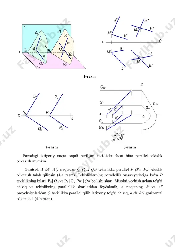asm bu gorizontalning frontal izi h"v yasalib undan izlangan p tekislikning pv izi berilgan tekislikning qv iziga parallel qilib o'tkaziladi. so'ngra pv ∩ ox =px nuqtasidan q tekislik- ning qh iziga parallel qilib izlangan tekislikning ph izi o'tkaziladi. 2-misol. e (e‛, e") nuqtadan a (a', a") va b (b', b") parallel chiziqlar bilan berilgan tekislikka parallel tekislik o'tkazish talab qilinsin (5-a rasm). 5-rasm bu misolni yechish uchun berilgan tekislikka tegishli ixtiyoriy c(c', c") to'g'ri chiziqni o'tkazib, so'ngra e nuqtaning e‛ va e" proyeksiyalaridan a va s chiziqlar proyeksiyalariga mos ravishda parallel qilib o'tkazilgan m'∩n',m"∩n" kesishuvchi chiziqlar proyeksiyalari izlangan tekislik proyeksiyasi bo'ladi. tekislikka tegishli bo'lmagan nuqtadan mazkur tekislikka parallel bo'lgan cheksiz ko'p to'g'ri chiziqlar o'tkazish mumkin. bunday to'g'ri chiziqlar to'plami berilgan tekislikka parallel bo'lgan tekislikni ifodalaydi. tekisliklarning o'zaro kesishuvi ta'rif. agar ikki tekislik umumiy ikki nuqtaga ega bo'lsa bu tekisliklar o'zaro kesishuvchi deyiladi. ikki p va q tekisliklar m to'g'ri chiziq …