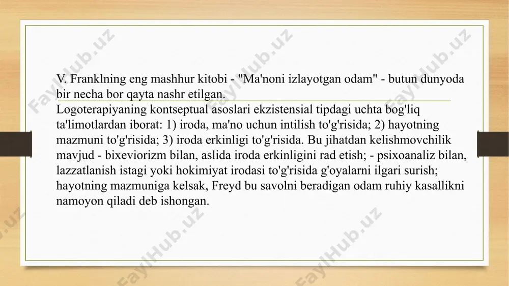 archasi odatiy edi. biroq, odamlar ushbu qiyin sharoitlarga erkin munosabatda bo'lishdi. ijobiy ham, salbiy ham bepul. ular g'ayriinsoniy sharoitlarga rioya qilishni va so'yilgan hayvonga aylanishni yoki hamma narsaga qaramay, inson bo'lib qolishlarini, o'zligini saqlab qolishlarini tanlashlari mumkin edi. ikkinchi pozitsiya - ma'no irodasi - insonning yana bir asosiy xususiyati - ratsionallik bilan bog'liq. bizda mavhum fikrlash va aks ettirish (o'zimizga tashqi tomondan qarash qobiliyati) mavjud. va biz hayvonlardan biz aniq bilishimiz bilan farq qilamiz: biz albatta o'lamiz. bizning boyligimizdan xabardor bo'lish bizni "nima uchun va nima uchun yashayman?" degan savolga javob izlashga majbur qiladi. bu bo'sh savol emas. agar bizda javob bo'lmasa, unda hayot biz uchun o'z qadr-qimmatini yo'qotishi mumkin. "hayot - bu o'z qadriyatidir!" - e'tiroz bildirasiz. ha, lekin bu o'lim bilan tugaydi. nima uchun yashashni bilmagan odam, shunchaki yashashga hojat yo'q deb o'ylashi mumkin. shuning uchun biz ma'no izlayapmiz, bizni ma'no izlash, harakatlarimizdagi ma'noni anglash bizni rag'batlantiradi. biz …