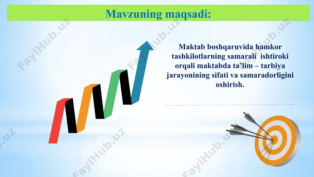 ografiya, grafik dizayn va boshqa zamonaviy kasblarga jalb etish zarur. mahalla va ota-onalarni maktabga jalb qilsak maktabda ta’lim-tarbiya yaxshilanadi va samarali boshqaruvga erishiladi. davlat va nodavlat tashkilotlar bilan hamkorlik orqali o‘quvchilarni zamonaviy kasblarga yo‘naltirib jamiyatimizda o‘z o‘rniga ega yoshlarni yetishtiramiz. o‘quvchilar o‘rtasida huquqbuzarlikni oldini olishda va turli buzg‘unchi g‘oyalardan asrash maqsadida mahalla, madaniyat va turizm vazirligi, huquqni muhofaza qilish organlari bilan hamkorlik natijasida ko‘zlangan maqsadga erishamiz. 9 oliy ta’lim muassasalari va o’quv markazlari bilan hamkorlikni yo’lga qo’yish. maktabda ushbu hamkorlik orqali, maktab o’quvchilarini oliy ta’lim muassasalariga va kasb hunarga yo’naltirish, hamda pedagogik kadrlarni kasbiy rivojlantirish imkoniyatlarini yaratish erta turmushlarning oldini olish uchun mahalla, ta’lim va oila hamkorligini yanada kuchaytirish, targ‘ibot tadbirlar o‘tkazish. mahallalar va tashkilotlarda ota-onalar bilan farzand ta’lim tarbiyasi haqida seminarlar tashkil etish, farzand tarbiyasida otalar rolini oshirish. takliflar: o‘quvchilarning zararli g‘oyalar yo‘liga kirishiga sabab bo‘layotgan omillarga qarshi manzilli profilaktik tadbirlarni amalga oshirish hududiy korxonalar va tashkilotlar maktablarga homiylik …
