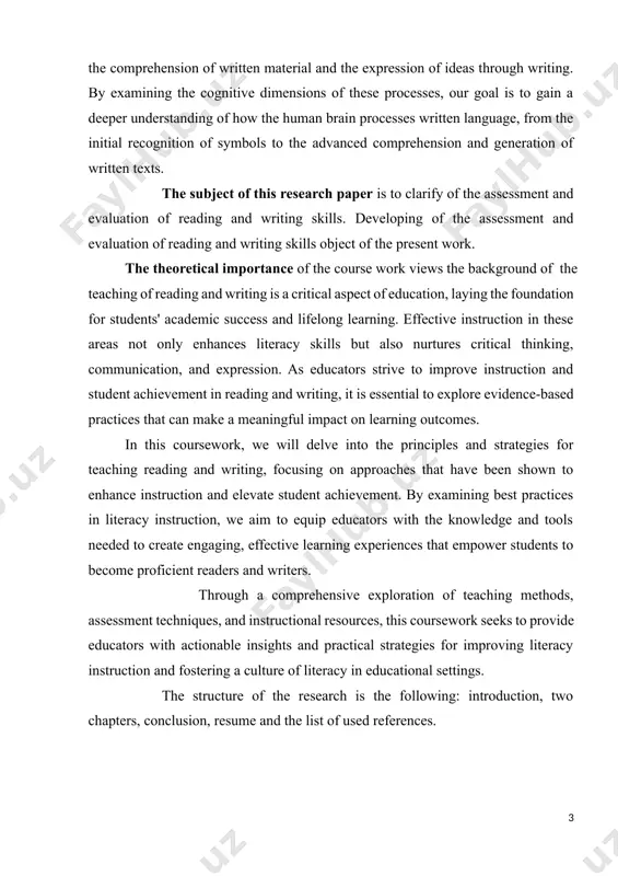 learning experiences that empower students to become proficient readers and writers. through a comprehensive exploration of teaching methods, assessment techniques, and instructional resources, this coursework seeks to provide educators with actionable insights and practical strategies for improving literacy instruction and fostering a culture of literacy in educational settings. the structure of the research is the following: introduction, two chapters, conclusion, resume and the list of used references. [1: on october 19, president shavkat mirziyoyev chaired a meeting on the issues of radical improvement of preschool education system.] [2: islam karimov’s speech in the ninth meeting of oliy majlis (the uzbek parliament) 2008;] 1.developmental stages of reading and writing skills the acquisition of reading and writing skills is a pivotal aspect of cognitive development in children, laying the foundation for academic success and lifelong learning. the developmental stages of reading and writing skills encompass a gradual progression from basic literacy to …