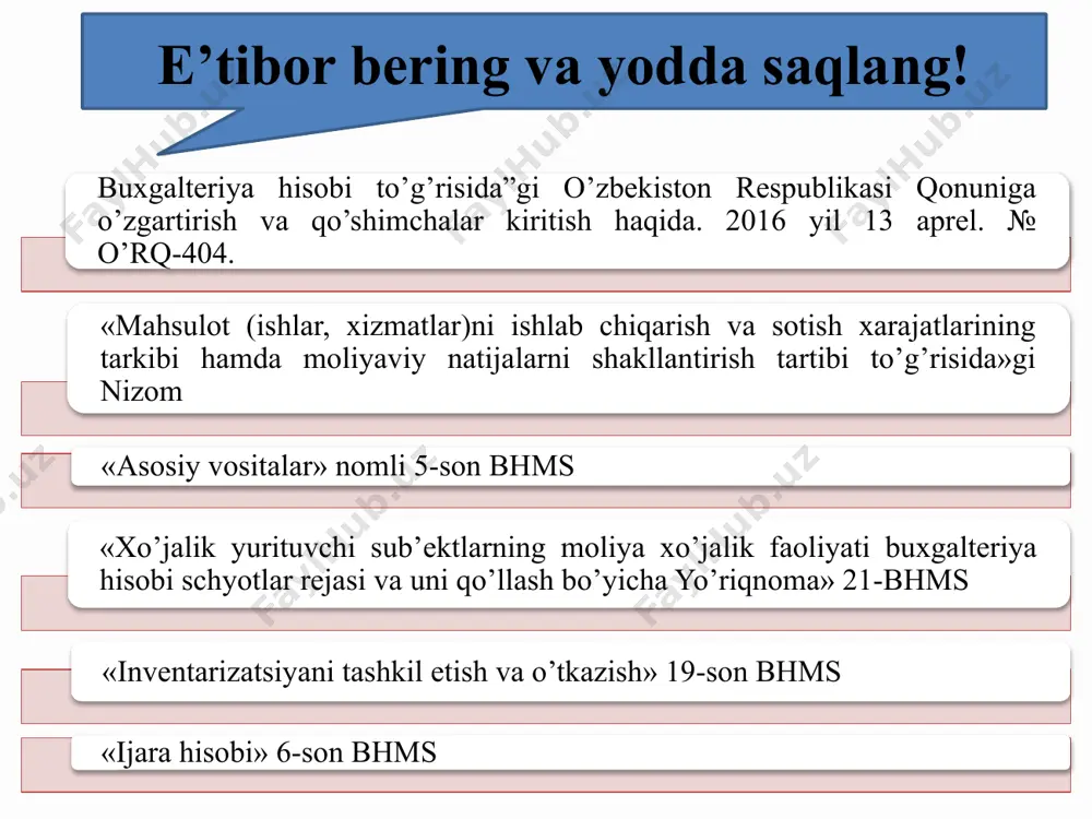 lar noishlab chiqarish asosiy vositalari ishlab chiqarish asosiy vositalari ishlab chiqarishni borishiga ta’sir ko’rsatuvchanligiga ko’ra asosiy vositalari ishlab chiqarishga faol va nofaol ta’sir ko’rsatadigan asosiy vositalarga bo’linadi. qishloq xo’jaligi mashinalari, transport vositalari, ayrim xo’jalik inventarlari ishlab chiqarishga katta ta’sir ko’rsatadigan asosiy vositalar hisoblanadi. bino va inshoatlar, mebel va ayrim jihozlar ishlab chiqarishga bevosita faol ta’sir ko’rsatmaydigan asosiy vositalarga kiradi. asosiy vositalarni hisobga olish quyidagilarni ta’minlashi lozim asosiy vositalarning olinishi, joyi o’zgartirilishini to’g’ri va o’z vaqtida aks ettirish asosiy vositalarni boshqa aktivlardan ajratilgan holda guruhlarga bo’lib ularni hisobga olishni tashkil qilish asosiy vositalarni joriy hisobda va buxgalte­riya balansida tegishli andozalarga va me’yoriy hujjatlarga asosan to’g’ri va o’z vaqtida baholash ularni sotib olinganidan keyin hisobdan chiqarilishiga qadar turgan joyi (foydalanish joyi) bo’yicha mavjudligi va saqlanishini, ayrim hollarda ularning saqlanishi uchun ma’sul bo’lgan shaxslar bo’yicha nazorat qilish asosiy vositalarning eskirishini to’g’ri va o’z vaqtida hisoblab chiqish hamda uni hisobda to’g’ri aks ettirish ta’mirlash …