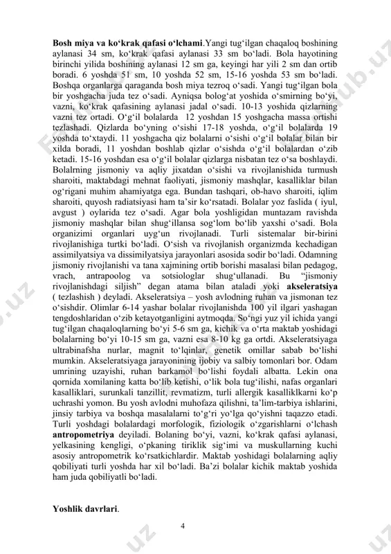 vojiga o‘z hissalarini qo‘shadi. nazorat sovollari. 1.gigiena fani nimani o‘rganadi-? 2.sanitariya so‘zinng asli ma’nosi nima-? 3.gigiena faninning tibbiyotdagi tutgan o‘rni qanday-? 2-modul. pediatriya va bolalar gigienasi fanining predmeti. reja 1. maktabgacha yoshdagi bolalar o‘sishi va rivojlanishining asosiy qonuniyatlari. 2. yosh davrlarining tavsifi. 3. bolalarning rivojlanish qonuniyatlari. 4. bolalarning jismoniy rivojlanishi va solomatligi. 5. akseleratsiya xaqida tushuncha. tayanch iboralar: maktabgacha yosh, o‘sish, rivojlanish, akseleratsiya inson organizimining o‘ziga xos xususiyatlaridan biri – bu o‘sish va rivojlanishdir. o‘sish deganda, tana xujayralarining ko‘payishi natijasida tirik organizm xajmining kattalashishi va massasining ortishi tushiniladi. umumiy o‘sish tana skeletining o‘sishi va rivojlanishiga bog‘liq.. organizm bir- biriga bog‘liq bo‘lgan qonuniyat asosida o‘sadi va rivojlanadi.shunga qaramasdan bola organizimi ba’zan tez o‘sishi yoki rivojlanishdan orqada qolishi mumkin. tuxum hujayra urug‘langandan boshlab odam organizimi rivojlana boshlaydi, bu jarayon to umrning oxirigacha davom etadi. ona qornida bolani-xomilani o‘sishini embriologiya, turli yosh davrlarini esa gerantologiya fani o‘rganadi. bolaning rivojlarishi deganda, embrionning yetuk organizmga …