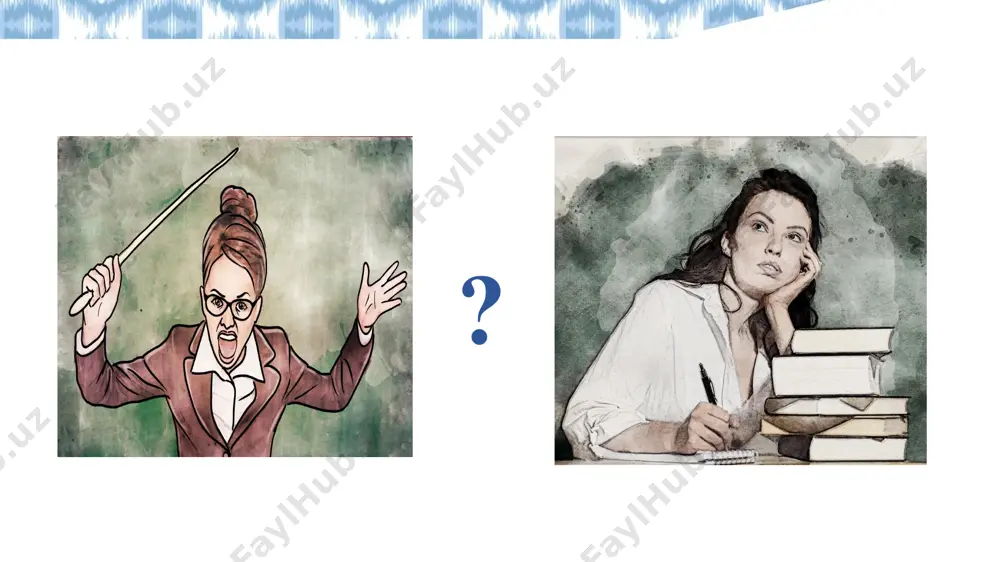 r : _____________________ toshkent shahar yangihayot tumani 32-sonli umumiy o‘rta talim maktabining t asviriy san’at fani o‘qituvchisi vaxabova noila xotamovna mazmuni : samarali dars – bu o‘quvchilarning bilimini oshiruvchi , qiziqishini uyg‘otuvchi va ijodkorlik salohiyatini rivojlantiruvchi jarayondir . tasviriy san’at fanida darsni rejalashtirish o‘quvchilarning estetik didini shakllantirishda muhim rol o‘ynaydi . dars rejalashtirish – o‘qituvchining metodik yondashuvini aniqlovchi asosiy bosqich hisoblanadi . ? ? an’anaviy dars noan’anaviy dars dars turlari avtoritar ushbu usulda dars jarayonida o‘quvchilarga beriladigan ko'rsatmalar va buyruqlarning keng qo'llanilishi bilan tavsiflanadi , ularning bajarilishi doimo o'qituvchi tomonidan nazorat qilinadi . pedagogning dars o‘tish usullari demokratik bunday o‘qitish usulini tanlagan o‘qituvchilar o‘quvchilarga hurmat va mehr bilan munosabatda bo‘ladilar . ular sabr-toqatli va bag'rikeng bo'lib , sinfda xotirjam , iliq va ayni paytda ishbilarmonlik muhitini yaratadilar . bularning barchasi bolaning shaxsiyatini muvaffaqiyatli rivojlantirish uchun sharoit yaratadi va o'qituvchiga hurmat va muhabbatni shakllantiradi . liberal dars o‘tishning bu usuli bolalarning …