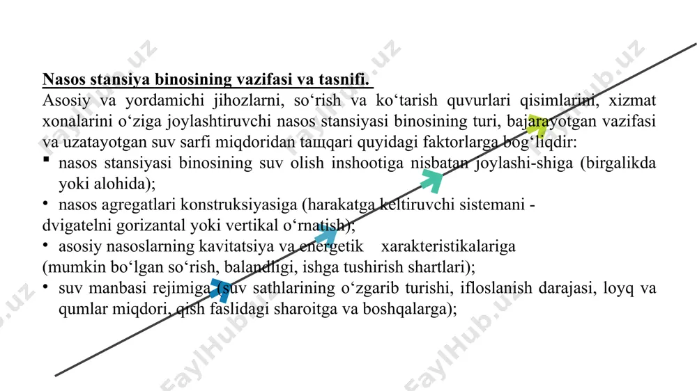 lashtiriladi. shuning uchun bu turdagi stansiyalar chuqurlashtirilgan nasos stansiyalar deyiladi. chuqurlashtirilgan nasos stansiyasi binosi, yer osti va yer usti qismlarga bo‘linadi. yer osti qismining konstruksiyasiga nisbatan, stansiya binosi kamerali va blokli turlarga bo‘linadi. kamerali nasos stansiyalari binosi. kamerali turdagi nasos stansiyalari «quruq kamerali» (68 va 69-rasmlar) va «ho‘l kamera­li» (70 va 71-rasmlar) stansiyalarga bo‘linadi. kamerali nasos stansiyasining yer osti qismiga nasoslar joylashtirilishi (quruq kamerali) yoki suv qabul qilinishi (ho‘l kamerali) mumkin. kameraning asosi yaxlit temir-beton plitadan iborat bo‘ladi. 68-rasm. suv olish inshooti bilan birgalikda qurilgan quruq kamerali chuqurlashtirlgan nasos stansiyasi binosi:1-suv olish inshooti; 2-so‘ruvchi quvurlar; 3- markazdan qochma nasos; 4-bosimli quvurlar; 5-stansiyaning yer osti (quruq kamerali) qismi; 6-stansiyaning yer usti qismi; 69-rasm. suv olish inshootidan alohida qurilgan quruq kamerali chuqurlashtirilgan nasos stansiyasi binosi: 1-suv olish inshooti; 2-so‘ruvchi quvurlar; 3-nasoslar; 4-bosimli quvur-lar;5-stansiyaning yer osti (kamerali) qismi;6-stansiyaning yer usti qismi; quruq kamerali nasos stansiyasi binosi suv olish inshooti bilan bir-galikda (68-rasm) yoki …