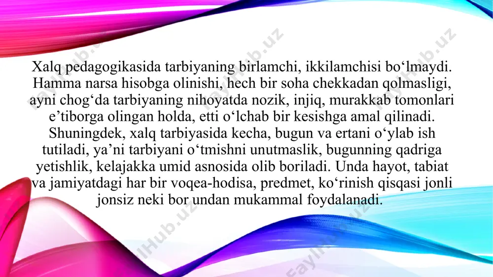 ami, baribir xalq tomonidan yaratilgan, amalda bo‘lgan xalqona tarbiya an’analariga to‘la amal qilgan, unga suyangan, tayangan holda yashasa, faoliyat ko‘rsatsa kam bo‘lmagan, el-yurt nazariga tushgan, olqishiga sazovor bo‘lgan. mustaqillikka erishib, o‘zimizning yorqin milliy istiqlolimizga ega bo‘lgach, umuminsoniy va o‘zbekona qadriyatlarni har tomonlama chuqurroq anglay boshladik. mustaqil vatanga har tomonlama etuk, mukammal, axloqiy pok, ma’naviy ustuvor, iymon-e’tiqodi butun, o‘z xalqi, o‘z ona-vataniga fidoiy, jismoniy barkamol kishilar etkazish uchun ularning axloqiy-jismoniy tarbiyasiga alohida ahamiyat bera boshladik. darhaqiqat, vatan taqdiri, xalq ravnaqi, mustaqil yurtning kelgusi boshqaruvchisi - yangi avlod tarbiyasi birinchi o‘ringa chiqdi. juda qiyin, o‘ta mas’uliyatli, katta g‘ayrat-shijoat, kuch-quvvat, mehnat talab etadigan bu vazifani uddalashimizda og‘zaki ijod, mumtoz va hozirgi zamon adabiyoti, elshunoslik, udumshunoslik, qadrshunoslik, marosimshunoslik qatorida xalq pedagogikasining o‘rni va roli beqiyosdir. islom tavhidlik dini, ya’ni uning mazmuni yagona xudo ollohga iymon keltirishdir. bu dinning asoschisi muhammad s.a.v. (570-632) musulmonlar tomonidan paygambar, ya’ni allohning elchisi, deb e’zozlanadi. islom dinining mukaddas kitobi-qur’oni …
