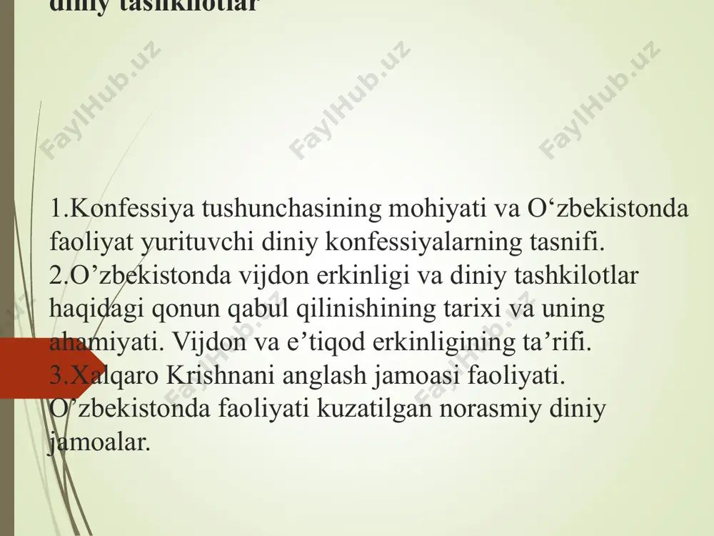 ik protestantizm sunniylik shiizm teravada mahayana vajrayana hinduizm xristianlik: pravoslavlik, katoliklik, protestantizm, pentikostalizm, anglikanizm va boshqalar. islom: sunniylik, shialik, zaidizm, imomiylik, ismoillik ibadizm. maʼlumot oʻrnida keltirilganlarning hech qaysi biri dunyo musulmonlri kengashining fatvo hayati tasdigʻidan oʻtmagan hechqaysi rasmiy islomiy davlat mazkur mashablarga ega emas bularning bari mutaasiblar tomonidan oʻylab topilgan sunniy oqimlar dunyo musulmonlari kengashi taʼsdiqidan oʻtgan mazhablar: shofiy, moliy, hanafiy va hanbaliy mazhablaridir yuqorida keltirilgan 4 mazhab dunyo miqyosida rasman tasdigʻini topgan ilk keltirilgan sunniy mazhablar esa ayrim bir oqimlarning manfaati maqsadida oʻylab topilib muhim masalalarda zaiflashib qolganligi sababli tasdiqdan oʻtmagan. buddizm teravada, mahayana, vajrayana. yahudiylik: pravoslav yahudiylik, hasidizm, yahudiylikni isloh qilish. xristian konfessiyalari roʻyxati: xristianlik uchta konfessiyaga boʻlinganligi keng tarqalgan — katoliklik, protestantlik va pravoslavlik. ўзбекистон конфенциялар жами 16 та. ислом. жами 2500 та- шундан, марказий органи - узбекистон мусулмонлар идораси. раиси муфтий нуриддин холиқназаров. . таълим билим юртлари 11 та. 2та олий тошкент ислом институти ва тошкент …