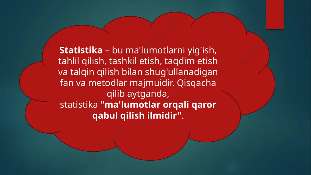 hi so’zlari yotadi) deb atagan. ushbu so'z ikki xil, ammo o'zaro bog'liq ma'nolarda qo'llaniladi: 1. statistika (fan sifatida) bu matematika fanining bir bo'limi bo'lib, quyidagilarni o'rganadi: ma'lumotlar to'plash usullari (so'rovnoma, eksperiment, kuzatish). ma'lumotlarni tashkil etish va taqdim etish (jadvallar, grafiklar, diagrammalar). ma'lumotlarni tahlil qilish va talqin etish (o'rtacha qiymat, mediana, standart og'ish kabi ko'rsatkichlarni hisoblash). natijalarga asoslanib xulosa chiqarish va bashorat qilish (gipotezalarni tekshirish, korrelyatsiya va regressiya tahlili). 2. statistika (axborot manbai sifatida) bu ma'lum bir soha yoki hodisa haqida yig'ilgan raqamli ma'lumotlarning majmuidir. misol: aholini ro'yxatga olish statistikasi futbolchining urgan gollari statistikasi iqtisodiyotning o'sishi statistikasi ob-havo statistikasi har qanday statistik tadqiqot odatda quyidagi bosqichlardan o'tadi: ma'lumot yig'ish: masala yuzasidan dastlabki ma'lumotlarni to'plash (masalan, so'rovnomalar orqali). ma'lumotlarni tashkil etish: yig'ilgan ma'lumotlarni tartibli jadvallarga kiritish. ma'lumotlarni tahlil qilish: ma'lumotlarni grafiklar va diagrammalar ko'rinishida tasvirlash va turli statistik ko'rsatkichlar (o'rtacha, foiz, trend) hisoblash. ma'lumotlarni talqin qilish: hisob-kitoblar asosida xulosa chiqarish va kelajakdagi …
