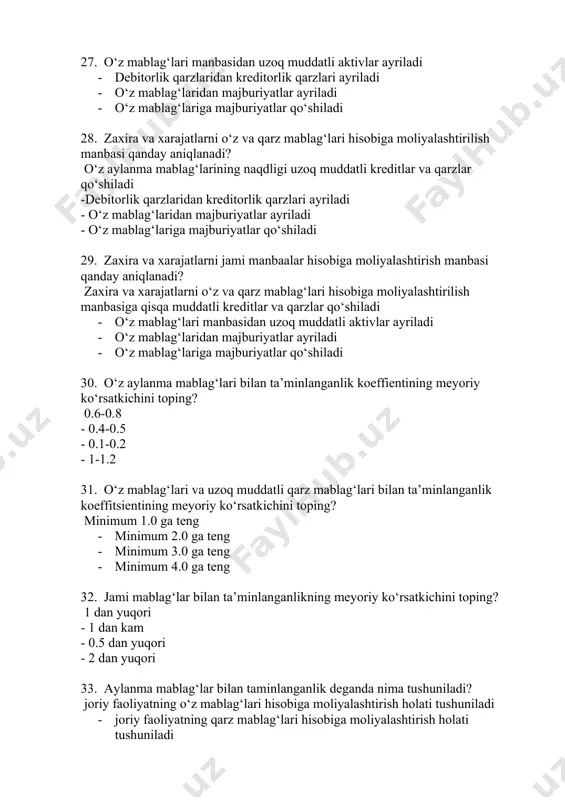 idagilarning qaysi aylanma aktivlar qatoriga kirmaydi? nomoddiy aktivlar · tovar moddiy zaxiralar · tugallanmagan ishlab chiqarish · kelgusi davr xarajatlari 35. moliyaviy mustaqillik (avtanomiya) koeffitsenti qanday aniqlanadi? o‘z mablag‘lari manbayi/balans · balans/ o‘z mablag‘lari manbayi · o‘z mablag‘lari manbayi/qarz mablag‘lari · qarz mablag‘lari/ o‘z mablag‘lari manbayi 36. operatsion rentabellik qanday aniqlanadi? operatsion foyda/aktivlar jami · sof foyda/aktivlar jami · favqulotda foyda/aktivlar jami · sof tushum/aktivlar jami 37. korxona moliyaviy holatini, moliyaviy natijalari va pul oqimlarini kelgusidagi kutilishiga ta’sir etuvchi birliklarni yuzaga kelish shakli bo‘yicha qanday tarkiblash mumkin? ickki va tashqi · asosiy va ikkilamchi · oddiy va murakkab · doimiy va vaqtinchalik 38. korxona moliyaviy holatini, moliyaviy natijalari va pul oqimlarini kelgusidagi kutilishiga ta’sir etuvchi birliklarni natijaning muhimligi bo‘yicha qanday tarkiblash mumkin? asosiy va ikkilamchi · ichki va tashqi · oddiy va murakkab · doimiy va vaqtinchalik 39. korxona moliyaviy holatini, moliyaviy natijalari va pul oqimlarini kelgusidagi kutilishiga ta’sir etuvchi …