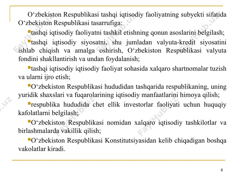 blikasi hududidagi chet el investitsiyalari deb e’tirof etiladi. 11 o‘zbekiston respublikasidan tashqaridagi investitsiya faoliyati qonun hujjatlarida belgilangan tartibda quyidagi yo‘llar bilan amalga oshirilishi mumkin: yuridik shaxslar tashkil etish yoki ustav fondlarida (kapitallarida) ulushbay asosda, shu jumladan mol-mulk va aktsiyalar sotib olish yo‘li bilan qatnashish; o‘zbekiston respublikasidan tashqarida vakolatxonalar, filiallar va boshqa alohida bo‘linmalar ta’sis etish; qimmatli qog‘ozlarni, shu jumladan xorijiy davlatlarning rezidentlari tomonidan tasdiqlangan qarz majburiyatlarini sotib olish; kontsessiyalarni, shu jumladan tabiiy resurslarni qidirish, izlab topish, qazib olish yoxud ulardan foydalanishga mo‘ljallangan kontsessiyalarni qo‘lga kiritish; mulk huquqini, shuningdek, erga hamda boshqa tabiiy resurslarga egalik qilish va ulardan foydalanish huquqini qo‘lga kiritish. 12 mamlakatimizda tashqi iqtisodiy faoliyatni davlat tomonidan tartibga solish quyidagilarni o‘z ichiga oladi: tashqi iqtisodiy faoliyatning qonunchilik negizini shakllantirish va takomillashtirish; valyuta bilan tartibga solish; soliq bilan tartibga solish; tarif va notarif tartibga solish; o‘zbekiston respublikasining iqtisodiy manfaatlariga rioya etilishi uchun himoya, kompensatsiya va dempingga qarshi choralarni qo‘llash; tashqi …