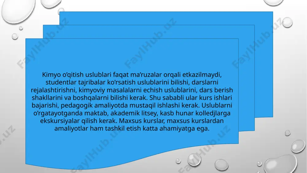 rivojlanishi, o’qitishning har xil qismlarining o’zaro bog’liqligi, ichki qarama-qarshilikning o’zaro bog’liqligi, ularni yechishda muammoli yondashish. 2. sistematik-struktur yondashish, bunda o’qitish uchun asosiy bo’limlarni ajratish, ularning o’zaro bog’liqligini topish, hamda elementlar o’zaro ta’sirining barqarorligini, yaqinligini ko’rsatish va maktab kimyo o’qitish metodikasini birligini ko’rsatish. 3. yuqoridagi metodik kategoriyalarni uchta o’qitish funkziyalari: bilim berish, tarbiyalash va rivojlantirishga asoslanib qarash. 4. kimyo o’qitish metodikasining asosini didaktik yondashish orqali qarab chiqish metod(usul)- lotincha so’z bo’lib, o’qitishning yangi yo’lini izlash, tushuntirishning oson usulini topish, qidirish degan ma’noni anglatadi. pedagogik o’quv qo’llanmalarda o’quvchilarni bilim, ko’nikma va malakalar bilan qurollantirish va ular tomonidan o’zlashtirish usullari o’qitish metodi deb ataladi. maktablarda shu vaqtgacha qo’llanilgan o’qitish metodlari xilma-xil bo’lib, keng tarqalgan va eng ko’p qo’llaniladigan turlari quyidagilardir: an’anaviy dars o’tish usullari noan’anaviy dars o’tish usullari innovatsion usullar an’anaviy dars o’tish usullari. o’quv mavzusini og’zaki baton qilish.mazkur metod bayon qiliniyotgan bilimlarni to'g'ridan-to'g‘ri o’qituvchining jonli nutqi orqali bayon qilinishi bilan tavsiflanadi. masalan: …
