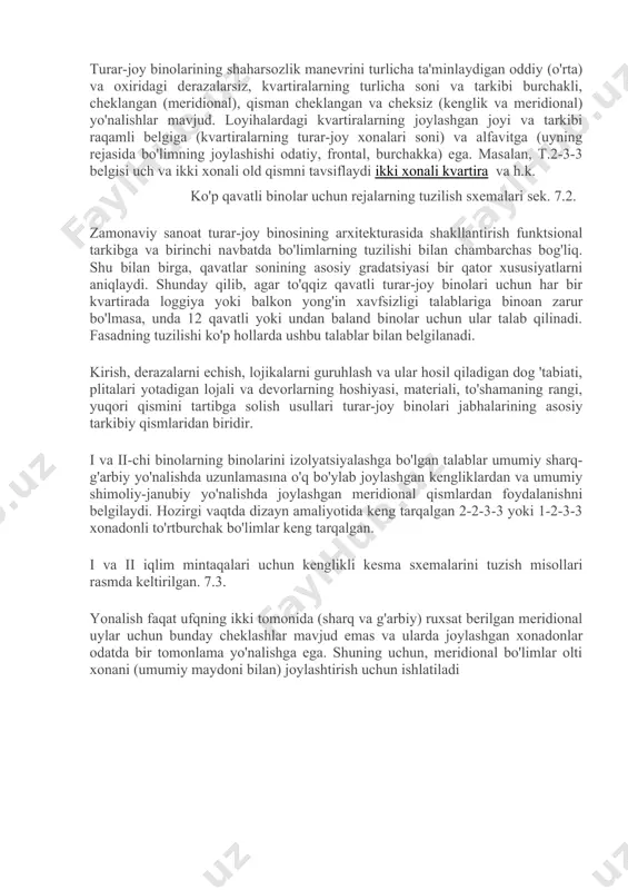 binolarining oxirida, beshinchi qavat darajasiga qadar tashqi evakuatsiya zinapoyalari bilan bog'langan barcha xonadonlarda yong'inga qarshi maqsadlar uchun umumiy balkonlarni ta'minlash kerak. yo'lak va galereya turidagi ko'p qavatli uylar kamida ikkita zinapoyadan iborat bo'lishi kerak. qavatlar sonining ko'payishi bilan shamol yuklarining o'rni ortadi, bu esa hisoblash va loyihalashda binoning tegishli hajm-fazoviy echimini va uning me'moriy-rejalashtirish tuzilishini aniqlaydi; vertikal transport-zinapoyalarni ko'tarish moslamalari va muhandislik kommunikatsiya tizimlarining echimi murakkablashadi; ichki aloqalar sxemasiga, zinapoyalar va liftlarning turlarini tanlashga, ularga har bir xonadan masofani tartibga solishga ta'sir qiladigan yong'inga qarshi talablar darajasi; quvurlardagi shovqinlar, axlat qutilari, liftlar ko'payadi. shuning uchun binolarni loyihalashda ushbu muammolarning barcha to'plamini hal qilish kerak. ko'p qavatli binolarda evakuatsiya yo'llarini tashkil qilish muhim ahamiyat kasb etadi. besh qavatgacha bo'lgan uylarda, bitta yorug'lik yo'li tabiiy yorug'lik bilan yong'inga qarshi zinapoyada joylashgan zinapoya orqali ta'minlanadi. 9 qavatli turar-joy binolarida (bo'lim) barcha xonadonlar qochish zinapoyasiga bitta chiqish joyiga ega. beshinchi qavatdan yuqorida joylashgan xonadonlarda …