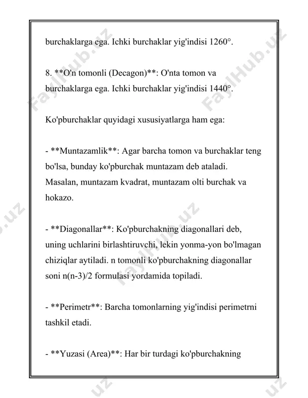 andligi ma'lum bo'lganda juda qulaydir. **trigonometrik usul bilan yuzani hisoblash:** uchburchakning ikkita tomoni va ular orasidagi burchak ma’lum bo‘lganda, quyidagi formula orqali yuzani hisoblash mumkin: \[ a = \frac{1}{2} \times a \times b \times \sin(c) \] bu yerda \(c\) – \(a\) va \(b\) tomonlari orasidagi burchak. sinus qiymatni aniqlash orqali yuzani topish mumkin. masalan, \(a = 5\), \(b = 7\), va \(c = 60^\circ\) bo‘lsa: burchak sinusining qiymatini dastlabki ma’lumotlarga asoslanib topamiz: \(\sin(60^\circ) = \frac{\sqrt{3}}{2}\). \[ a = \frac{1}{2} \times 5 \times 7 \times \frac{\sqrt{3}}{2} \] \[ a = \frac{35\sqrt{3}}{4} \approx 15.2 \] yuqoridagi formulalar uchburchakning perimetri va yuzasini turli sharoitlarda topish uchun ko‘plab qulay usullarni beradi. bu bilimlar geometriya va trigonometrik muammolarni hal qilishda keng qo‘llaniladi. 4. aylana va ellipsning perimetri va yuzasini hisoblash aylana va ellipsning perimetri va yuzasini hisoblash ko‘plab geometriya masalalarida uchraydigan muhim mavzulardan biridir. ushbu mavzuda biz aylana va ellipsning asosiy tushunchalari, ularning perimetrlari va …