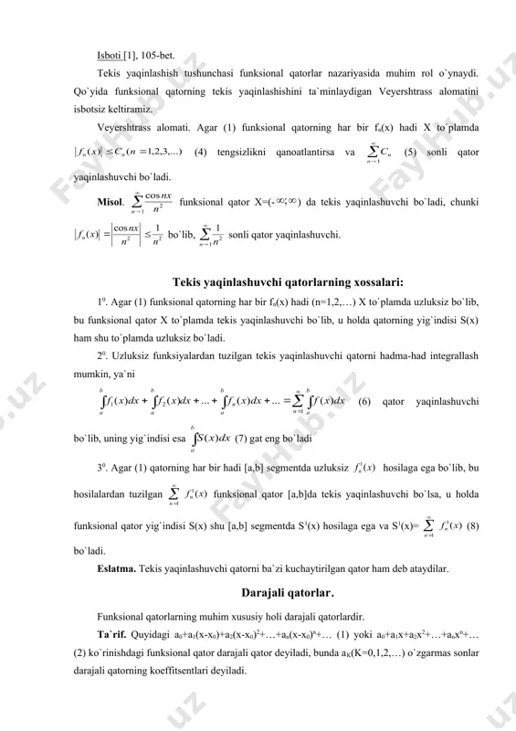 ladan foydalanamiz, bunda ; . u holda , bunda yaqinlashish intervali -2<x+1<2 yoki -3<x<1. bu intervalning chegaralarida qatorni tekshiramiz. x=-3 da, sonli qator ni hosil qilamiz. leybnist alomatiga asosan, ishoralari navbatlashuvchi qator shartli yaqinlashadi. x=1 da garmonik qator uzoqlashuvchi bo`ladi. shunday qilib, xє(-3;1) da qarot absolyut yaqinlashuvchi, x=-3 da qator shartli yaqinlashuvchi bo`ladi. asosiy adabiyotlar 1. s.x. sirojiddinov, m.maqsudov, m.s.salohiddinov. kompeleks o`zgaruvchining funksiyalari nazaryasi-t,: o`qtuvchi, 1979 2. sh. t. maqsudov. analitik funksiyalar nazaryasidan mashiqlar-t.: o`qtuvchi, 1978 3. i. i.privalov. vvedenie v teoriyu funksiy kompleksnogo peremennogo.-m.: nayka, 1977 4. a.i. markushevich. kratkiy kurs teorii analiticheskix funksiy-m fizmatgiz -m1961 5. ya. s. bugrov, s.m.nikolskiy. funksii komleksnogo peremennogo-m,: nauka, 1981. 6. v.a. kolеmaеv. i dr. “tеoriya vеroyatnostеy i matеmatichеskaya statistika” .m: vo`sshaya shkola, 1990g. 7. gmurman v.е. “ehtimollar nazariyasi va matеmatik statistika”, toshkеnt, o`qituvchi, 1978y. 8. s. sirojdinnov , m.mamatov. “ehtimollar nazariyasi va matеmatik statistika”. toshkеnt., “o`qituvchi”. 1982y. 9. gmurman v.е. “ehtimollar nazariyasi …