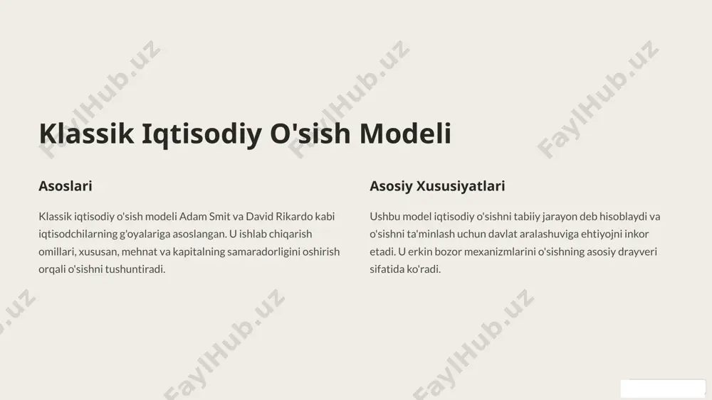 uchun muhim vositadir. ular turli xil siyosatlarni ishlab chiqish va o'sishni rag'batlantirishga yordam beradi. har qanday modelning o'ziga xos xususiyatlari va cheklovlari mavjud. shu sababli, ularni diqqat bilan o'rganish va o'sishni ta'minlash uchun mos siyosatlarni tanlash muhimdir. 12 qaysi iqtisodiy modelda jamg‘arma darajasi va texnologik taraqqiyot iqtisodiy o‘sishning asosiy omillari hisoblanadi? a) harrod-domar modeli b) solow-swan modeli c) endogen o‘sish modeli d) keynes modeli harrod-domar modeliga ko‘ra iqtisodiy o‘sishning barqaror bo‘lishi uchun nima talab etiladi? a) sarmoya hajmining oshishi b) jamg‘arma darajasining yuqori bo‘lishi c) ishchi kuchi o‘sish sur’ati va sarmoya rentabelligi mosligi d) texnologik taraqqiyotning barqaror bo‘lishi solow-swan modeliga ko‘ra, uzoq muddatli iqtisodiy o‘sishni qaysi omil belgilaydi? a) jamg‘arma darajasi b) ishchi kuchi hajmi c) texnologik taraqqiyot d) kapitalning pasayish darajasi endogen o‘sish modelining asosiy farqi nimada? a) texnologik taraqqiyot tashqi omil sifatida qaraladi b) texnologik taraqqiyot ichki omillar hisobidan yuzaga keladi c) kapitalning pasayishi muhim rol o‘ynaydi d) …
