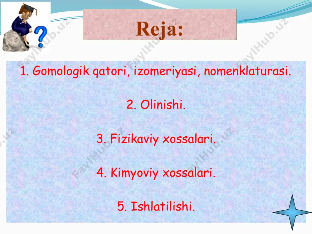 i raqam bilan ko`rsatiladi. zanjirni raqamlashda qo`shbog`lar holati eng kichik raqamlar bilan ifodalanishi kerak. shunga ko’ra zanjir qo`shbog`dan qaysi biri asosiy zanjir boshiga yaqin bo`lsa, shu tomondan nomerlanadi. b i r i k m a n o m e n k l a t u r a iyupak ratsional tarixiy h2c = c = ch2 propadiyen vinil metilen allen h2c = c = ch – ch3 butadiyen 1, 2 vinil etilen metilallen h2c = ch – ch = ch2 butadiyen 1, 3 divinil divinil h2c = c(ch3) – ch = ch2 2 – metil, butadiyen 1, 3 metilvinil etilen izopren quyidagi jadvalda bir nechta alkadiyenlarning sistematik, ratsional hamda tarixiy nomlari keltirilgan. o l i n i s h i : kumulyativ qo`shbog`li diyenlarni olish. allen glitserindan quyidagi reaksiya bo'yicha olinadi: o l i n i s h i : ajralgan qo`shbog`li diyen olish: p.p.shorigin usuli 2ch2 = ch – ch2 …