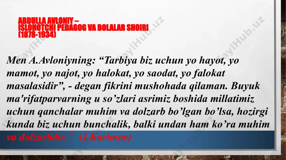 tashkil qilgan yangi usuldagi maktab talabalari uchun yozgan “yengil adabiyot”, “o‘qish kitobi”, “qiroat kitobi” darsliklari, ularga kiritgan she’r, hikoya va masallari, ta’limiy-ma’rifiy ahamiyatga ega asarlari shu jihatdan e’tiborli. ayniqsa, shoirning o‘quv qurollari madhiga bag‘ishlangan she’rlari, “bolaning yomon bo‘lmog‘iga sabab bo‘lgan onaning jazosi” hikoyasi, “toshbaqa bilan chayon” masali bolalar yosh xususiyatlariga muvofiqligi bilan diqqatga sazavor. niyoziyning “yengil adabiyot”ida ilm va jaholat muqoyasasiga oid ko‘plab she’rlar mavjud. olim bo‘lsak dunyoda, kelur har ish bunyoda, biz ham suv ostin kezub, ham ucharmiz havoda. johil qolsak dunyoda, xo‘rlik kelur ziyoda, hayvon kibi yuk tashub, cho‘l kezarmiz piyoda. g‘afur g‘ulom – bolalar shoiri va nosiri (1903-1966). akademik shoir g‘afur g‘ulom kattalarning ardoqli adibi bolishi bilan birga, bolalarning ham sevimli ijodkoridir. g‘afur g‘ulomning bolalar adabiyotiga aloqasi haqida so‘z yuritilar ekan, dastavval, uning bolalar uchun maxsus yaratgan asarlarini tilga olish joiz. zero, “mukofot” (1940), “she’rlar” (1946), “tongotar qo`shig‘i” (1949), “bari seniki” (1953), “bir g‘uncha ochilguncha” (1955), “siz …