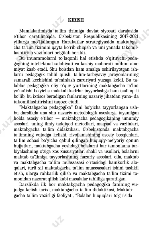 arslikning har bobida tayanch iboralar, nazorat va test savollari, zamonaviy pedagogik texnlogiyalar asosi- da yaratilgan ishlanmalar, ilmiy va ilmiy-metodik adabiyotlar ro'yxati taqdim etilgani talabalarning har bir mavzuni chuqur o'zlashtirishi va mustahkamlashga, shuningdek, ularda o'z us- tida mustaqil ishlaslı ko'nikmasining hosil bo'lishiga xizmat qiladi. ushbu darslikni yaratishda mustaqillik yillarida mazkur so- hada faoliyat yuritgan yetuk olim va mutaxassislar tomonidan chop etilgan ilmiy-uslubiy manbalardan foydalanildi. darslik maktabgacha ta'lim yo‘nalishi tizimida faoli- yat ko'rsatayotgan barcha pedagoglar, maktabgacha ta'1im muassasalari, metodistlari, pedagogika universiteti, institut- lari talabalari uchun ilmiy-uslubiy manba bo'1ib xizmat qiladi. ( 5 ) 1- bo’lim. maktabgacha pedagogikaning asoslari i bob. maktabgacha pedagogikaning predmeti va uning vazifalari insonni har tomonlama barkamol etib tarbiyalash xalqimiz- ning azaliy orzusi bo'lib, ajdodlarimiz ma'rifat, ma'naviyat va madaniyatni qanday qilib yosh avlodga o'rgatish, ularni komil- likka yetaklash yo'11ari, qonun-qoidalarini muttasil izlaganlar. bu esa pedagogika fanining maydonga kelishiga sabab bo'lgan. insonni ma'rifatli va ma'naviy komillikka erishishi pedagogika fanining yetakchiligida …
