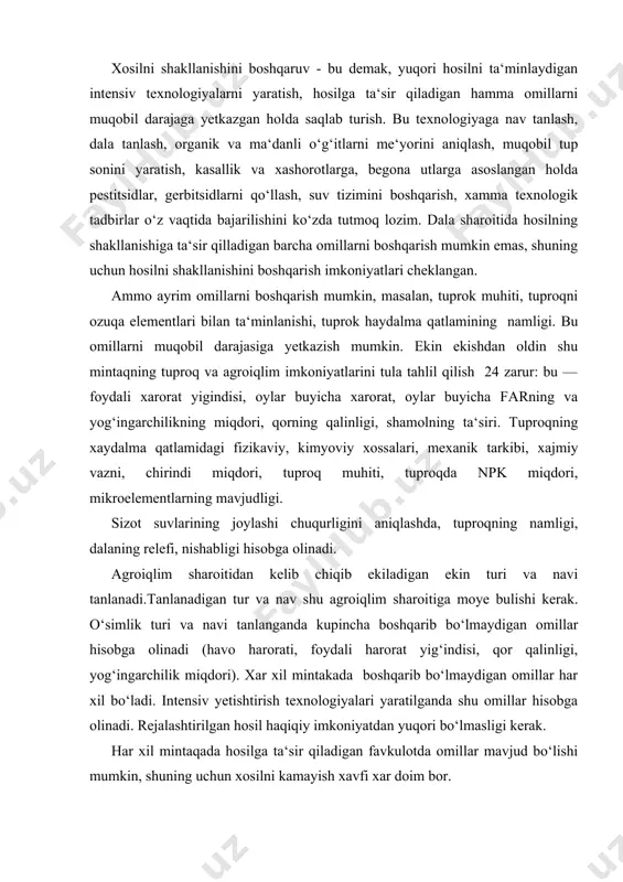hilik miqdori). xar xil mintakada boshqarib bo‘lmaydigan omillar har xil bo‘ladi. intensiv yetishtirish texnologiyalari yaratilganda shu omillar hisobga olinadi. rejalashtirilgan hosil haqiqiy imkoniyatdan yuqori bo‘lmasligi kerak. har xil mintaqada hosilga ta‘sir qiladigan favkulotda omillar mavjud bo‘lishi mumkin, shuning uchun xosilni kamayish xavfi xar doim bor. ko‘p yillik agrometeo ma‘lumotlariga asoslanib, hosil miqdori aniqroq rejalashtirilishi mumkin. o‘zbekistonning shimoliy mintaqasida ekin turi va navi tanlanganda u yerdagi sharoit xisobga olinishi zarur. shimoliy mintaqada ekiladigan ekin turlari sovuqqa, qishda qorning kam bo‘lishiga, qattiq shamolga bardosh berishi kerak. janubiy mintaqada ekiladigan ekin tur va navlari issiqlikka, qurg‘oqchilikka chidamli bo‘lishn hisobga olinadi. demak, hosilni rejalashtirishda mintaqaning tuproq-iqlim sharoiti, agrofizika, agrokimyoviy xossalari va eng asosiy omillarni boshqarish imkoniyati hisobga olinadi. bir so‘z bilan aytganda rejalashtirilgan xosil (pr h) bu xosildorlikni shunday darajasiki, bunda asosiy agrotexnik tadbirlar (urug‘lar, o‘g‘itlar xisoblanadi, sug‘orish normalari belgilanadi va boshq) ma‘lum xosil uchun rejalashtiriladi. hosilni rejalashtirishdagi yo‘nalishlar: ekinlarni fotosintetik imkoniyatiga qarab yuqori …