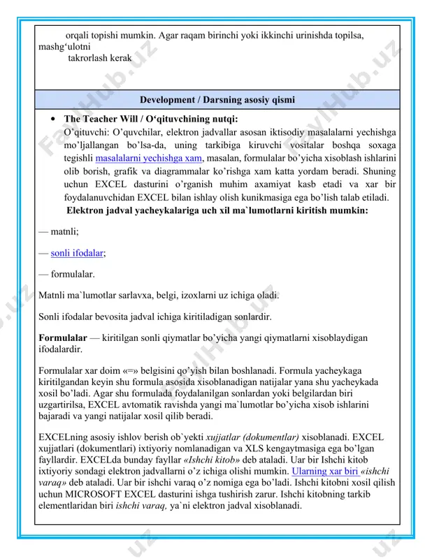 : b1 katakka o‘quvchining familiyasi, c1 katakka ismi, d1 katakka otasining ismi kiritiladi; · e1 katakka ushbu formula =сцепить(b1;" ";c1;" ";d1) kiritilib, enter tugma bosiladi; · qolgan kataklarga ushbu formula nusxa ko‘chiriladi. natijada quyidagi oyna hosil bo‘ladi: ikkinchi usul: jadvalni yuqoridagi tartibda to‘ldirib olamiz; e1 katakka ushbu formula =b1&" "&c1&" "&d1 kiritilib, enter tugma bosiladi. agar o‘quvchining familiyasi лист1 varag‘ining b1 katagida, ismi лист2 varag‘ining b1 katagida, otasini ismi лист3 varag‘ining b1 katagida berilgan bo‘lib, ushbu ma’lumotlarni лист4 varag‘ida hosil qilish uchun istalgan katakka ushbu formula =сцепить(лист1!b1;" ";лист2!b1;" ";лист3!b1) kiritilib, enter tugma bosiladi. ayrim amaliy masalalarni yechishda hisoblashlar u yoki bu shartlarga bog‘liq bo‘lishi mumkin. bunday holatda mantiqiy shartli funksiyalardan foydalanish mumkin. closure / yakuniy qism the students will / oʻquvchi aytadi: · oʻqituvchi: bugun excel dasturida elektron jadvalga yorliq va maʼlumotlar kiritishni, elektron jadvalga oddiy formulalarni joylashtirishni hamda elektron jadvalda matnli funksiyalar bilan ishlash ko’nikmalariga ega bo’ldik comprehension check …