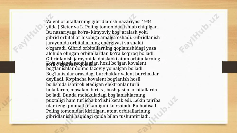 magan p orbital ana shu tekislikka perpendikulyar holda boʻladi. bunday gibridlanish to’yinmagan uglevodorodlar (alkenlar), karbonil va karboksil funksional guruhlaridagi uglerod atomlariga xos bo’ladi. i. sp-gibridlanish. uglerod atomidagi tashqi 1ta s va 1ta p orbitallarning gibridlanishidan 2ta sp-gibrid orbitallar yuzaga keladi, ular chiziqda 180° burchak hosil qilib joylashadi. gibridlanmagan 2ta p orbitallar esa oʻzaro perpendikulyar tekisliklarda boʻladi. bunday gibridlanish alkinlar, allenlar va nitrillarda kuzatiladi. gibridlanish turiga qarab c-c bogʻ uzunligi oʻzgarishini quyidagi misolda yaqqol ko’rish mumkin: ugleroddan boshqa element atom orbitallari ham gibridlanishi mumkin. masalan, ammoniy ioni va unga mos alkilammoniy kationlarida azot atomi elektron orbitallari sp³, piridinda sp², nitrillarda esa sp-gibridlanish holatida bo’ladi. foydalanilgan adabiyotlar: 1. raymond chang. general chemistry: the essential concepts. 5 edition, england 2013. 313-340- betlar. 2. парпиев н.а., раҳимов ҳ.р., муфтахов а.г. анорганик кимё назарий асослари. т.: ўзбекистон. 2000. 179-186 бетлар. 3. toshpulatov yu.t., raxmatullayev n.g. anorganik kimyo (nazariy asoslari). t.: tdpu. 2005. 92-94-betlar. 4. аҳмеров …