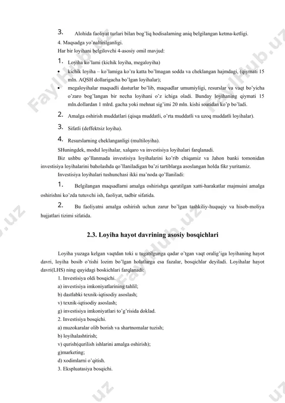 lanadi; loyiha harajatlari aniq belgilanadi va iqtisodiy nazoratga qo’yiladi; biroq loyihaning siljib borishi yuzasidan to’g’rilanish (korrektirovka)ni talab qiladi. iqtisodiy loyihalar korxonalarni xususiylashtirish, auditorlik tizimini tashkillashtirish, yangi soliq tizimini kiritilishi – bu o’zining xususiyatlariga ega bo’lgan barcha iqtisodiy loyihalar: loyihaning maqsadi tizimning iqtisodiy ko’rsatkichlari ishlashining yaxshilanishi hisoblanadi, shuning uchun ularni avvalroq ko’rib chiqilgan holatlarga nisbatan baholash qiyinroqdir; maqsadlar taxminan belgilanadi, lekin loyihani siljib borishi bo’yicha to’g’rilanishini (korrektirovka) talab qiladi; loyiha muddatlari ham xuddi shunday, loyiha uchun resurslar zaruriyat yuzasidan imkoniyat doirasida taqdim etiladi; harajatlar taxminan aniqlanadi, iqtisodiyligi nazorat qilinadi va loyihani siljib borishi aniqlanadi. bu shuni bildiradiki, iqtisodiy natijalarga belgilangan muddatlarda o’rnatilgan harajatlar asosida erishilishi kerak, resurslar talab bo’yicha taqdim etiladi. ijtimoiy loyihalar ijtimoiy ta’minot tizimini qayta qurish, sog’liqni saqlash, aholining kam ta’minlangan tabaqalarini ijtimoiy himoya qilish, tabiiy va ijtimoiy siljishlar oqibatlarini engib o’tish – bularning barchasi o’z hissasiga ega ijtimoiy loyihalardir: maqsadlar faqat oraliq natijalarga erishish doirasida to’g’rilanishi kerak va …