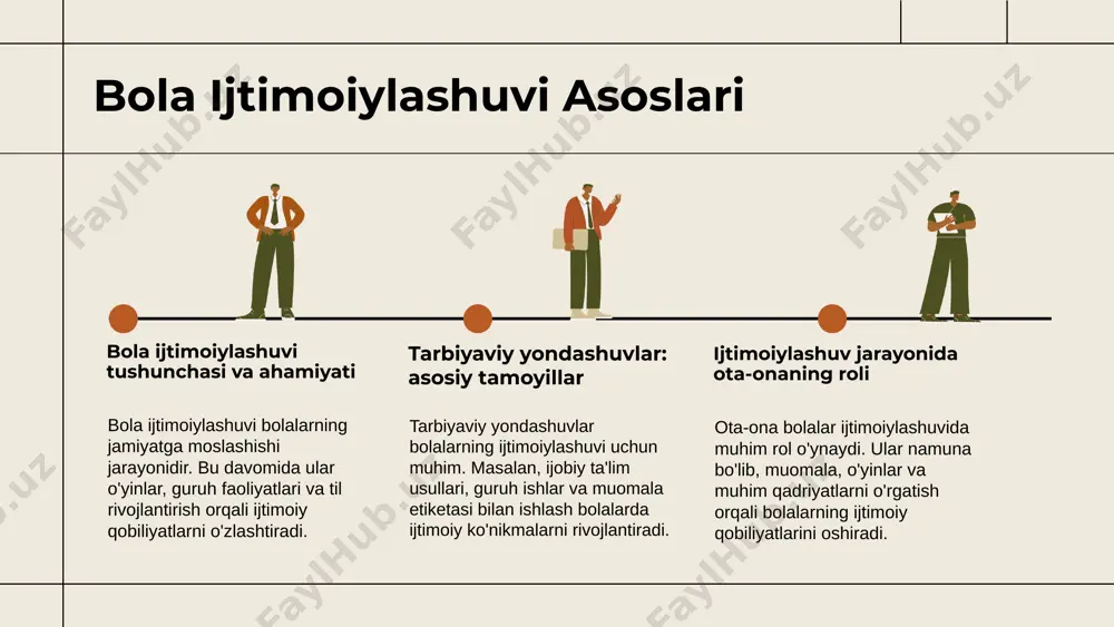 ing ijtimoiy ko'nikmalarni rivojlantirishdagi roli ota-onalar bolalar bilan yaxshi muloqot qilish, ijobiy muhit yaratish va ijtimoiy qoidalarni o'rgatish orqali ularning ko'nikmalarini rivojlantiradi. model bo'lib, harakatlarni ko'rsatadi. amaliy tarbiyaviy usullar amaliy tarbiyaviy usullar haqida umumiy ma'lumotlar; guruh ishlari, ijtimoiy loyihalar, amaliy mashg'ulotlar misol keltiriladi. zamonaviy muhitda amaliy usullarni qo'llash muhim; innovatsion texnologiyalar, online platformalar, simulyatsiyalar va interaktiv metodlar keng qo'llaniladi. ota-onalar uchun amaliy usullarni tanlashda yosh, qiziqishlar va ehtiyojlar e'tiborga olinadi; seminarlar, amaliy mashg'ulotlar va jamoaviy tadbirlar tavsiya etiladi. photo by hannah olinger on unsplash 1 2 3 zamonaviy muhitda tarbiya zamonaviy muhitda tarbiyaviy yondashuvlar texnologik rivojlanish, globalizatsiya va ijtimoiy media ta'sirida yoshlarning tarbiyalanish jarayonini yangi bosqichga olib kelmoqda. ota-onalar va bolalar o'rtasida hurmat va ochiq muloqot muhitini yaratish muhim, bu esa bolalarning ijtimoiy moslashuvi va xavfsiz muhitda rivojlanishini ta'minlaydi. zamonaviy tarbiya shartlari sifatida interaktiv kommunikatsiya vositalaridan foydalanish, bolalarning qiziqishlariga e'tibor qaratish va ularni mustaqil fikr bildirishga o'rgatish kiritiladi. photo by …