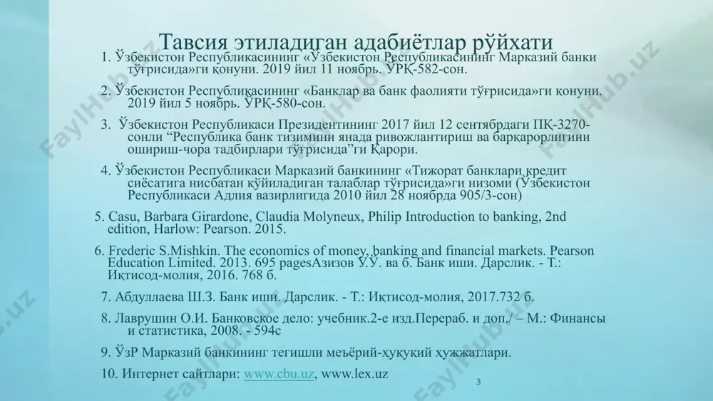 анган шаклда бўлади. оддий фоизларда кредит бўйича фоизларни тўлаш олинган кредитни қайтариш графигига мувофиқ амалга оширилади. дисконтланган фоизлар эса, кредит берилган вақтда ушлаб қолинади ва жадвал асосида шартномада қайд этилган муддатда асосий қарз суммаси қайтарилади. 1.банк фоизи ва унинг турлари фоиз ставкалари ўзгариши бўйича қатъий белгиланган ва сузувчи фоиз ставкаларига бўлинади. қатъий белгиланган фоиз ставкалари шартноманинг бутун даври мобайнида ўзгармайди. тижорат банкларининг мижозлари ҳар доим қатъий белгиланган ставкаларда кредит олишдан манфаатдор бўлади. сузувчи фоиз ставкалари ссуда капиталлари бозоридаги талаб ва таклифга қараб ўзгариб туради. тижорат банклари ҳар доим сузувчи ставкада кредит беришдан манфаатдор бўлади. чунки, кредит сузувчи ставкада берилса, кредитнинг бозор баҳосини ўзгаришидан қатъий назар, тижорат банки оладиган даромад миқдори ўзгармасдан қолади. 1.банк фоизи ва унинг турлари тижорат банкларида кредитлар бўйича ҳисобланган фоизларни тўлаш даврийлигига мувофиқ, антисипатив ва декурсив ставкаларга ажратилади. антисипатив фоиз ставкасида кредитлар бўйича ҳисобланган фоизлар белгиланган даврнинг бошида мижозлардан ундириб борилади. декурсив фоиз ставкаси қўлланилганда ҳисобланган фоизлар …