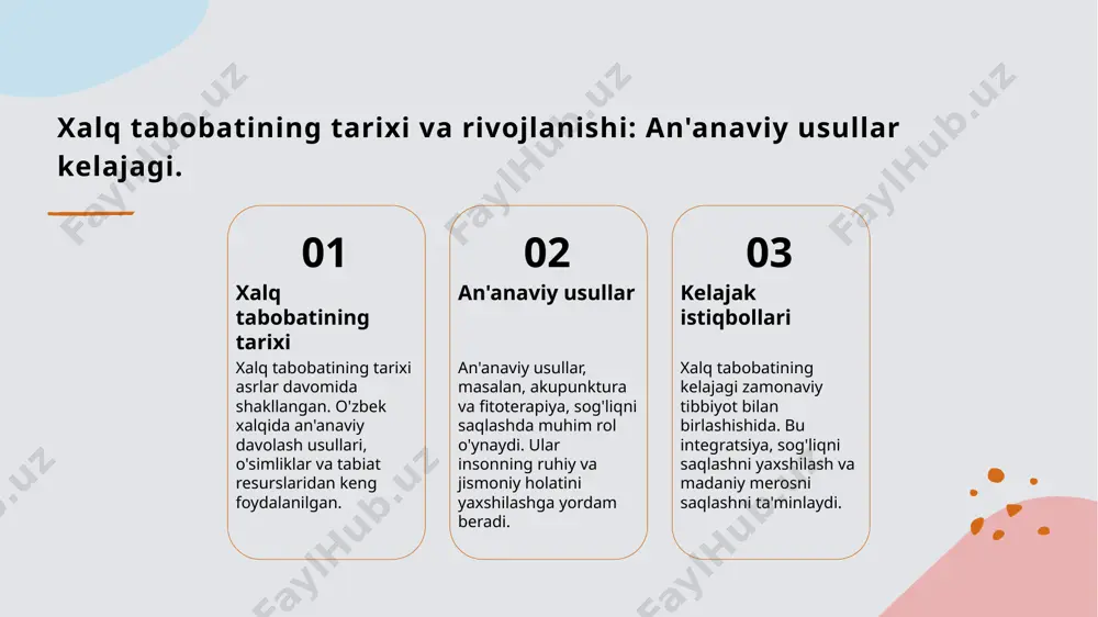 daniy merosi: tarixiy va zamonaviy ko‘rinishlari. 1 xalq tabobati tarixi o'zbek xalq tabobati ming yillik tarixga ega. uning asoslari qadimiy davrlarga borib taqaladi, xalqning an'anaviy bilimlari va tajribalaridan kelib chiqadi. 2 zamonaviy ko‘rinishlar bugungi kunda xalq tabobati zamonaviy tibbiyot bilan integratsiyalashmoqda. o'zbekistonda ko'plab klinikalar an'anaviy usullarni qo'llab-quvvatlaydi. 3 madaniy ahamiyati xalq tabobati o'zbekiston madaniy merosining ajralmas qismi. u xalqning urf-odatlari, qiziqishlari va qadriyatlari bilan bog‘liq. 4 o'simliklar va foydalari o'zbek xalq tabobatida ko'plab dorivor o'simliklar mavjud. masalan, shirin pichan va qora zira, sog'liqni saqlashda keng qo'llaniladi. an'anaviy davolash usullarining sog'liqni saqlashdagi ahamiyati. 1 an'anaviy usullar an'anaviy davolash usullari, asrlar davomida shakllangan va xalq tajribasiga asoslangan bo'lib, ko'plab sog'liqni saqlash muammolarini hal qilishda yordam beradi. 2 tabiiy resurslar xalq tabobatida o'simliklar, minerallar va boshqa tabiiy resurslar keng qo'llaniladi. ular kimyoviy dori vositalariga nisbatan sog'liq uchun xavfsizroq hisoblanadi. 3 psixologik ta'sir an'anaviy davolash usullari, shuningdek, psixologik barqarorlikni ta'minlaydi. ular insonlarni tinchlantirish va …