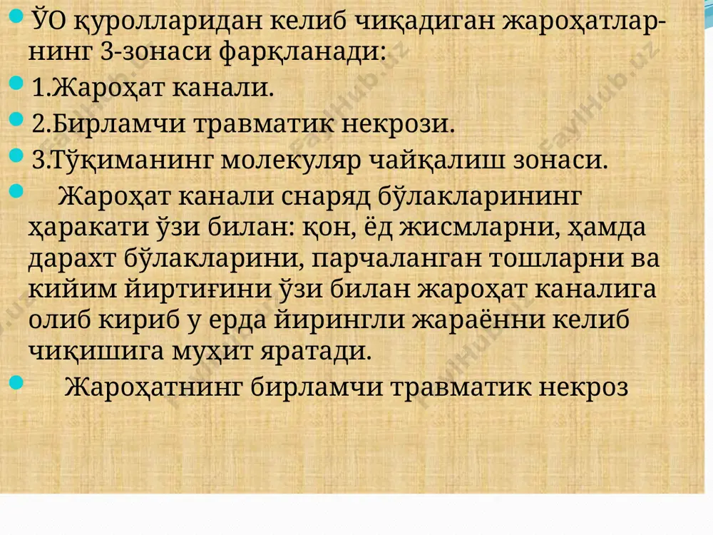 umshoq va qattiq tuqimalarining harbiy jarohatlanishida davolash bosqichi – birlamchi jarrohlik ishlov hisoblanadi. birlamchi jarrohlik ishlov berishi quydagicha: 24 soat ichida – erta; 24-48 soat ichida – kechiktirilgan; 48 soatdan keyin – kechki. yumshoq tuqimalar-ning asoratsiz jarohatlarida bji mahalliy og'riqsizlantirish ostida bajariladi, katta hajmdagi harbiy jaroxatlarda, qo'shaloq va aralash jarohatlarda – umumiy og'riqsizlan-tirish ostida olib boriladi. tashki uyqu arteriyasini bog'lash bosqichslari jarohatdan keyingi jarrohlik ishlov qanchalik kech amalga oshirilsa shunchalik ko'p jarohat kanali bo'ylab nekrotik to'qima rivojlanadi. yuz sohasidagi jarohatlar boshqa soxa jarohatlardan farqli ravishda: jarohat qirralari to'liq kesilmasdan, faqatgina nekrozga uchragan to'qimalar olinib, erkin holdagi suyak bo'laklaridan tozalanadi. ko'p hollarda ko'r jarohatlar kanalida yod jismlar (snaryad metall bo'laklari va yog'och bo'laklari, tosh, yirtilgan kiyim bo'laklari) ni tozalash zarur. o'q va snaryad bo'laklari to'qima chuqur soxalarida joylashgan bo'lsa ularni olib tashlash qiyinchilik tug'dirishi mumkin. birinchi yordam – jang maydonida 1. dislokatsion va aspiratsion asfiksiyalarni oldini olish; 2. jarohatga boylam ko'yish; …