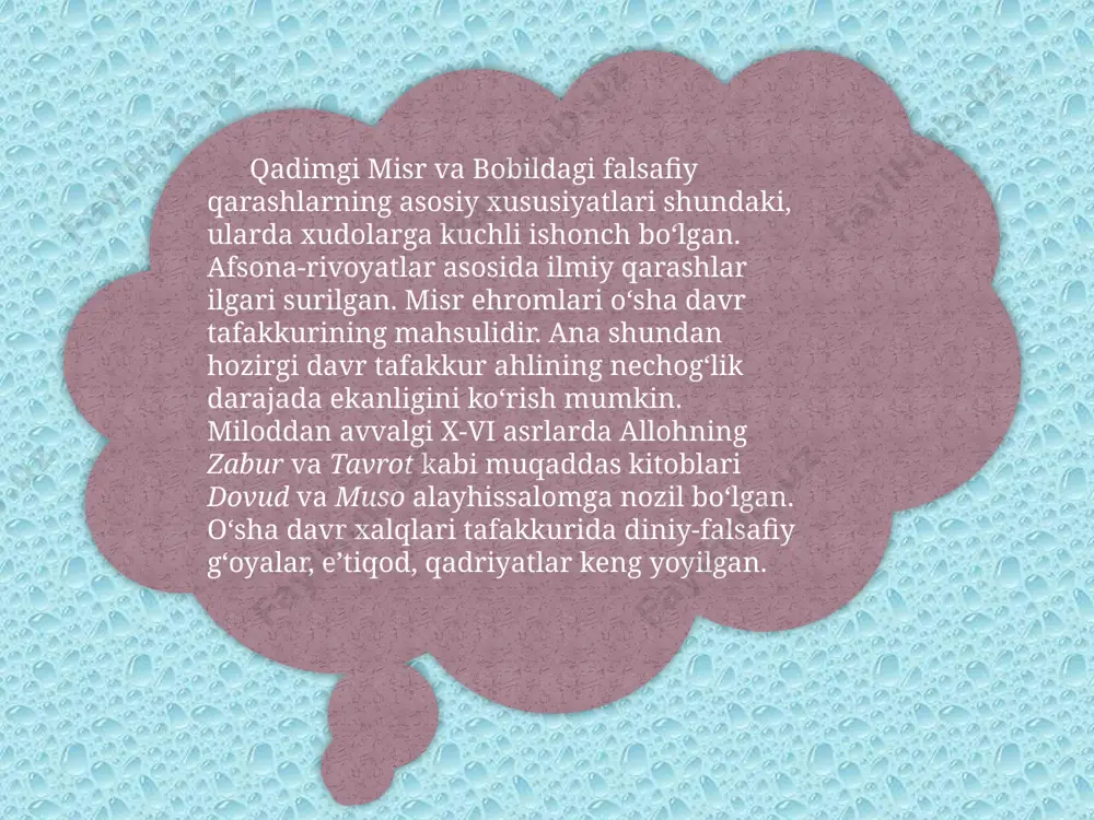 haqiqatga nechog‘li muvofiq ekanligini talabalar mamlakatimizda olib borilayotgan islohotlar mohiyatidan anglashi mumkin. demokrit atomlar haqidagi nazariyani ilgari surgan. demokrit tasodifiyatni inkor etadi. uning axloqiy ta’limoti ahamiyatli bo‘lib, me’yor axloqning tabiat insonlarga in’om etgan kuch va qobiliyatga mos kelishidadir. donolik yaxshi fikrlash, yaxshi so‘zlash va yaxshi harakat qilish orqali namoyon bo‘ladi. epikur fikricha, olam moddiy, abadiy, cheksiz. uning axloqiy-falsafiy ta’limoti o‘z zamonasida ilg‘or ahamiyatga ega bo‘lgan. epikur bir soniyalik lazzat evaziga bir umr azob chekish ahmoqlik, deydi. rimlik tit lukretsiy kar ikricha, yashashdan maqsad, baxtli hayot kechirishdir. olamdagi narsalar ikkiga: oddiy va murakkab turga bo‘linadi. lukretsiy jamiyat ham xuddi tabiat singari o‘z qonunlariga ega, deydi. talabalar shunga alohida ahamiyat berishlari lozimki, falsafa tarixini o‘rganishdan maqsad, insoniyat tarixida o‘chmas mulk qoldirgan buyuk faylasuflarning ibratli va mazmunli hayoti, o‘lmas g‘oyalari mohiyatini chuqur anglash, ularga tayangan holda bugungi kun falsafiy muammolarining echimini topish, ajdodlarimizdan ibrat olgan holda buyuk kelajak sari odimlayotgan mustaqil o‘zbekistonimizning barkamol, …