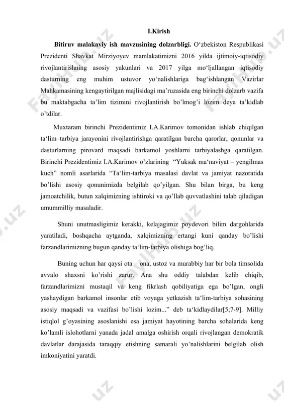li rivojlangan demokratik davlatlar darajasida taraqqiy etishning samarali yo’nalishlarini belgilab olish imkoniyatini yaratdi. bu davrda barcha sohalarda bo’lgani kabi ta‘lim sohasida ham yosh avlodga jahon ta‘limi andozalariga muvofiq ta‘lim berishning ijtimoiy-huquqiy asoslari ishlab chiqildi. o’zbekiston respublikasining “ta‘lim to’g’risida”gi qonuni hamda kadrlar tayyorlash milliy dasturida davlat ta‘lim siyosatining mohiyati to’liq ochib berilgan. ijtimoiy-ta‘limiy qarashlarni o’zida mujassam ettira olgan mazkur hujjatlarda qayd etilishicha, umumiy pedagogik jarayonning asosiy maqsadi “ta‘lim sohasini tubdan isloh qilish, uni o’tmishdan qolgan mafkuraviy qarash va sarqitlardan to’la xalos etish, rivojlangan demokratik davlatlar darajasida, yuksak ma‘naviy va axloqiy talablarga javob beruvchi yuqori malakali kadrlar tayyorlash milliy tizimini yaratishdan iboratdir” . kadrlar tayyorlash milliy modeli tarkibiy qismlaridan biri bo’lgan shaxsni har tomonlama kamolga yetkazish, yuksak ma‘naviy va axloqiy sifatlarni tarbiyalash muhim ahamiyatga ega. ta‘lim-tarbiya jarayonining samaradorligini ta‘minlash, tarbiyachi va tarbiyalanuvchilar o’rtasidagi munosabatlarni qaror toptirishdagina emas, balki shaxsni shakllantirishga texnologik yondashuv borasida ham katta imkoniyatlarga ega.