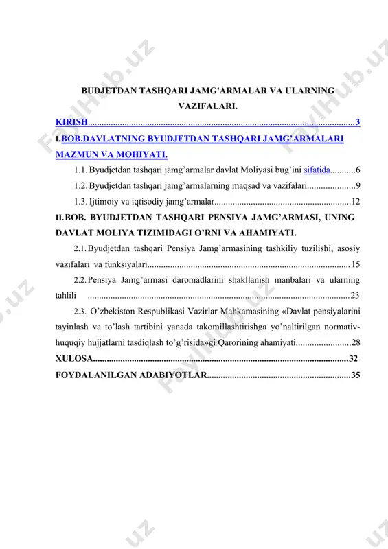 rish muhim masalalardan hisoblanadi. prezidentimiz shavkat miromonovich mirziyoyev ta’kidlaganlaridek, “jami investitsiyalarning 67 foizidan ortig`i mamlakatimizning ichki manbalari hisobidan – korxonalar va aholi mablag’lari, investitsiya jarayonlarida tobora faol ishtirok etayotgan tijorat banklari kreditlari, shuningdek, davlat byudjeti va davlatning maqsadli jamg’armalari mablag’lari hisobidan shakllantirilmoqda”1 . ayni damda, byudjetdan tashqari jamg‘armalar oldiga qo’yilgan asosiy maqsad - ijtimoiy yo‘naltirilgan va iqtisodiy jihatdan taraqqiy etgan jamiyatni barpo etishdirpensiya ta’minotining muhimligi yangi o‘zbekistonning taraqqiyot strategiyasida (pf-60, 2022) ham maqsad sifatida belgilab quyilgan. pensiya ta’minoti tizimida pensiya yoshi asosiy ko‘rsatkich bo‘lib, pensiya yoshi - nafaqat insonlarni tashvishga soladigan masala, balki har bir mamlakatning iqtisodiyot va siyosatidagi muhim omil hisoblanadi. dunyo mamlakatlari pensiya tizimlarida amalga oshirilayotgan islohotlarning asosiy maqsadi erta pensiyaga chiqish (imtiyozlar)ni kamaytirish, kech pensiyaga chiqishni rag‘batlantirish va eng muhimi pensiya yoshini oshirishga qaratilgan. o‘zbekistonda ham pensiya islohotlari boshlangan bo‘lib, asosiy masala pensiya miqdorlarini ideksatsiyalash, jumladan minimal pensiya miqdorlarini minimal iste’mol xarajatlariga tenglashtirish, pensiya hisoblash uchun hisobga …
