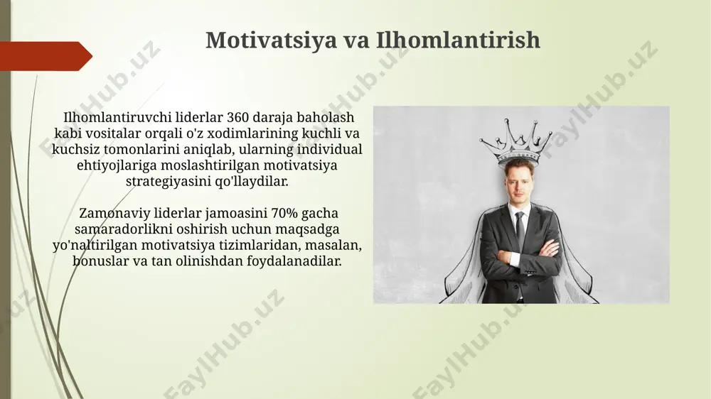 unumdorligini 15% ga oshirishi mumkin. axloqiy liderlik tadqiqotlar shuni ko'rsatdiki, axloqiy liderlikka ega bo'lgan tashkilotlar, raqobatchilardan 15% ga yuqori darajada mijozlarning sodiqligi va brendga bo'lgan ishonchga ega. axloqiy liderlik, 7 ta asosiy qimmatga asoslangan boʻlib, ular orasida adolat, halollik va mas'uliyatlilik kabi muhim omillarni o'z ichiga oladi va jamoa samaradorligini 20% ga oshirishi mumkin. raqamli davrda liderlik zamonaviy liderlar jamoalarni samarali boshqarish uchun agile metodologiyasi va scrum kabi 3-5 ta loyiha boshqaruv texnologiyalaridan foydalanadilar. onlayn platformalar orqali 1000 dan ortiq xodimlar bilan samarali aloqa o'rnatish va ularni birlashtirib, umumiy maqsadlarga erishish raqamli davr liderining asosiy ko'nikmalaridan biri hisoblanadi. e'tiboringiz uchun rahmat @taqdimot_robot image1.jpg image2.jpg image3.jpg image4.jpg image5.jpg image6.jpg image7.jpg image8.jpg image9.jpg image10.jpg image11.jpg image12.jpg