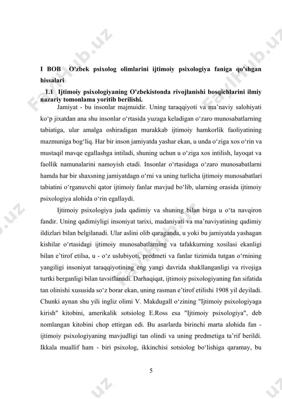 keng targ'ib qilganlar. lekin tarix bizga shundan darak beradiki, yaxlit, sistematik ijtimoiy psixologik qarashlar tizimi umuman bo'lmagan. ijtimoiy psixologik tadqiqotlarning o'tmishdagi va hozirgi kundagi holati m. otajonovning qator ilmiy maqola va risolalarida bayon etilgan. uning oxirgi yillarda o'tkazilgan ilmiy tadqiqoti natijalariga ko'ra, ijtimoiy psixologiya fan sifatida muhimlik shajarasida ikkinchi o'rinni egallaydi, ya'ni respublikamiz hududida ilmiy ijod qilayotgan olimlardan 43 foizining fikricha, ijtimoiy psixologiya va ana shu fanning muammolari eng istiqbolli va yechilishi zarur, dolzarbdir. shuni alohida ta'kidlash lozimki, o'zbekistonda o'tkazilayotgan ijtimoiy psixologik tadqiqotlar asosan oilada va oilaviy munosabatlarga bag'ishlangan. chunonchi, birinchi ijtimoiy psixologik tadqiqot ham 70-yillarning oxirida 80-yillarning boshida i. ekubov tomonidan o'tkazilgan bo'lib, u oilaviy munosabatlarning barkarorligi va er-xotin ijtimoiy rollarining muvofiqligini ta'minlovchi sotsial-psixologik omillarni o'rgangan. tadqiqot natijasida shu narsalar aniqlangan ki, oila a'zolarining rollar borasidagi muvofiq o'zaro munosabatlari oilaviy hamjihatlikning muhim shartidir. oilaviy majoralar esa, asosan hozirgi zamon o'zbek ayolining ijtimoiy mehnat bilan bandligi hamda oilaviy munosabatlarda eski …
