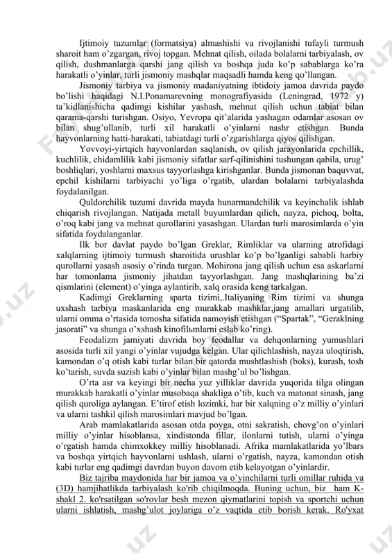 a “harakatli o’yinlar” maxsus fan sifatida o’qitiladi. mustaqillikning sharofati tufayli jismoniy tarbiya, fakulьtetlarida “milliy harakatli o’yinlar” fani yangidan tashkil qilingan. ularning asosiy maqsad va vazifalari jismoniy tarbiya va sport sohasidagi bo’lajak mutaxassislarning nazariy bilim va amaliy ko’nikmalari hamda malakalarini chuqurlashtirishga qaratilgan. shu sababdan harakatli o’yinlardan deyarlik barcha sport turlari bo’yicha, o’tkaziladigan darslar, sport mashg’ulotlarida (trenirovka) maqsadli foydalanish yo’lga qo’yilgan. bu o’z navbatida milliy harakatli o’yinlarning nufuzini oshirishga ko’mak beradi. o’zbekiston respublikasining “ta’lim to’g’risida” (1997), “jismoniy tarbiya va sport to’g’risida”gi (2000, 2015 yil yangi taxriri) qonunlarga rioya qilish hamda o’zrning davlat ta’lim standartlari, kadrlar tayyorlash milliy dasturi, sog’lom avlod davlat dasturini amalda bajarishda “milliy harakatli o’yinlar” fani asosida yangi vazifalar mujassamlashadi. ularni quyidagi yo’nalishlarda ijro etish maqsadga muvofiq bo’ladi, ya’ni: 1. harakatli o’yinlarni shug’ullanuvchilarning yoshiga qarab belgilash va turkumlarga ajratish (jismoniy sifatlarni tarbiyalovchi). 2. bolalar bog’chalarida tashkil etiladigan harakatli o’yinlarning tartib va tizimlarini qo’llash. 3. boshlang’ich (i-iv) va yuqori sinflarda (v-vii, …