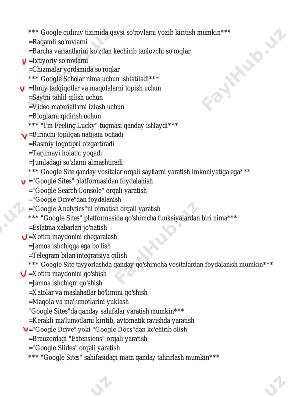 iradi *** google site qanday vositalar orqali saytlarni yaratish imkoniyatiga ega*** ="google sites" platformasidan foydalanish ="google search console" orqali yaratish ="google drive"dan foydalanish ="google analytics"ni o'rnatish orqali yaratish *** "google sites" platformasida qo'shimcha funksiyalardan biri nima*** =eslatma xabarlari jo'natish =xotira maydonini chegaralash =jamoa ishchiqqa ega bo'lish =telegram bilan integratsiya qilish *** google site tayyorlashda qanday qo'shimcha vositalardan foydalanish mumkin*** =xotira maydonini qo'shish =jamoa ishchiqni qo'shish =xatolar va maslahatlar bo'limini qo'shish =maqola va ma'lumotlarini yuklash "google sites"da qanday sahifalar yaratish mumkin*** =kerakli ma'lumotlarni kiritib, avtomatik ravishda yaratish ="google drive" yoki "google docs"dan ko'chirib olish =brauzerdagi "extensions" orqali yaratish ="google slides" orqali yaratish *** "google sites" sahifasidagi matn qanday tahrirlash mumkin*** pc карандаш pc карандаш pc карандаш pc карандаш pc карандаш pc карандаш pc карандаш =onlayn tahrirlovchi muhitda =faqat "google drive" yoki "google docs"da tahrirlovchi =faqat brauzer ilova orqali =ma'lumotlar bazasidan ko'chirib olib, keyingi tahrirlashda *** "google sites"ga qanday bilan tashrif buyurish …