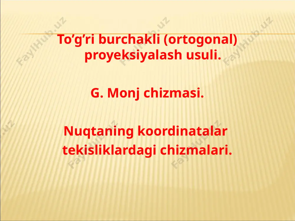 oni 8 qismga – oktantlarga bo’ladi. h tekislik – gorizontal proetsiyalar tekisligi, v – frontal proyeksiyalar tekisligi deyiladi, w tekislik profil proyeksiyalar tekisligi deb ataladi. proyeksiyalar o’qlarini tashkil qiluvchi ox – abssissalar o’qi, oy – ordinatalar o’qi va oz – applikatalar o’qi deb ataladi. birinchi oktantda joylashgan nuqtaning chizmasi ikkinchi oktantda joylashgan nuqtaning chizmasi har xil oktantlarda joylashgan nuqtaning koordinata o’qlari ishoralari. o’qlar oktantlar i ii iii iv v vi vii viii x + + + + - - - - y + - - + + - - + z + + - - + + - - 1–misol. a(50,30,60) nuqtaning berilgan koordinatalari bo’yicha uning fazoviy vaziyati va epyuri yasalsin. 2–misol. b(60, –40, 70) nuqtaning berilgan koordinatalari bo’yicha fazoviy vaziyati va epyuri yasalsin.