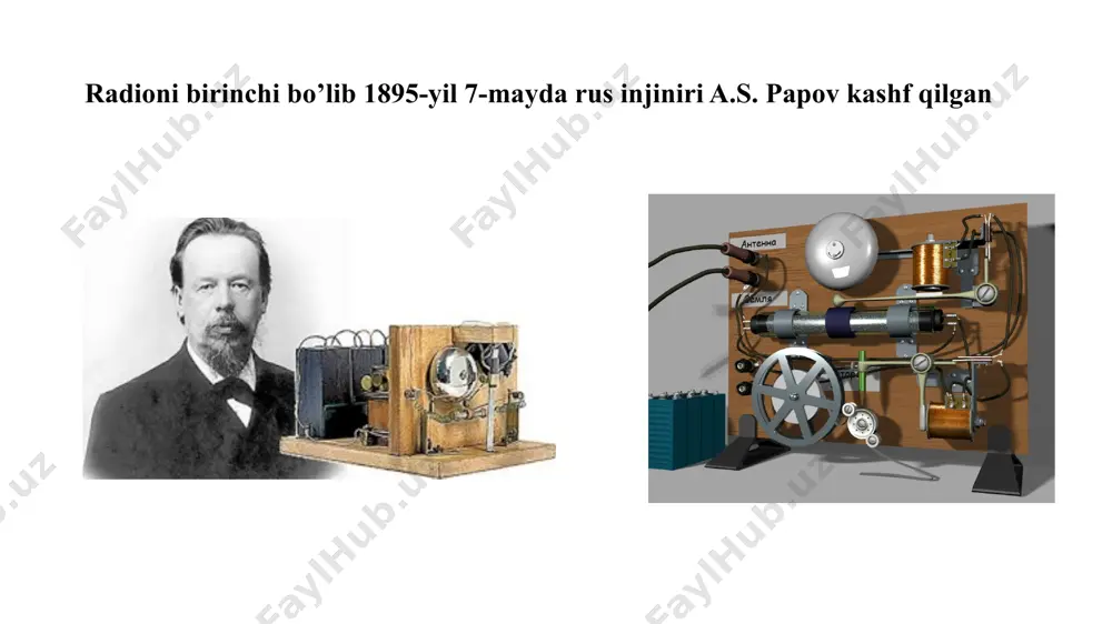 onent. induktivlikni birligi (si) xalqaro birlikar sistemasida gn genre qabul qilingan induktiv g’altak ko’rinishi yarimo’tkazgich diodi stablitron fotodiod svetadiod optopara tranzistor sxemasi va ko’rinishi kuchaytirgichlarning sxemasi transformator sxemasi mikrosxema korpusi signal vоqеa, hоdisa yoki narsa (prеdmеt) hakplagn ma’lumоt – aхbоrоtni tashuvchi har qanday fizik kattalik signal dеb ataladi. aхbоrоtlar turli хil bo`lishi mumkin. masalan, оdamning tоvushi, musiqa sadоsi, tasvirlar, kоsmik nurlanishlar va bоshqalar. radiоelеktrоn qurilmalar ularni elеktr tоki, kuchlanishi yoki quvvati ko`rinishida ifоdalanadigan elеktr tеbranishlariga aylantirib bоradi image1.jpg image2.jpeg image3.jpg image4.jpg image5.jpg image6.jpg image7.jpg image8.jpeg image9.jpeg image10.png image11.png image12.png image13.png image14.png image15.png image16.png image17.png image18.png image19.png image20.png image21.png image22.png image23.png image24.png image25.png image26.png image27.png image28.png image29.png image30.png image31.png image32.png image33.png image34.png image35.png image36.png image37.png image38.png image39.png image40.png image41.png image42.png image43.png /docprops/thumbnail.jpeg