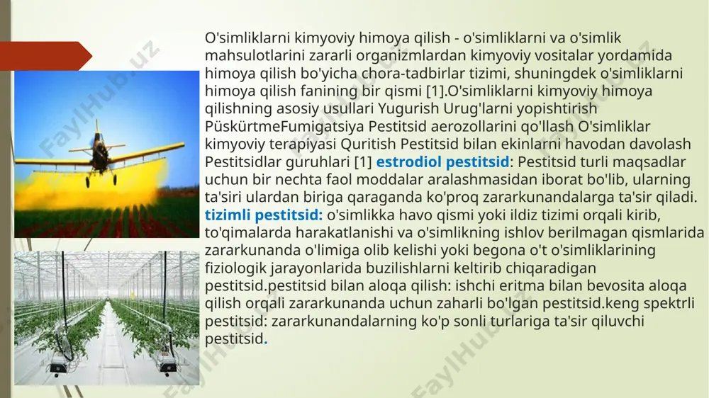 karitsid: bug 'yoki gaz holatida, zararli hasharotlar va oqadilar bilan nafas olish tizimi orqali zaharlanishni keltirib chiqaradigan pestitsid. insektofungitsid: o'simliklarni zararli hasharotlardan va qo'ziqorin kasalliklaridan himoya qilish uchun ishlatiladigan pestitsid.larvitsid: hasharotlar va oqadilar lichinkalarini boshqarish uchun ishlatiladigan zararkunandalarga qarshi kurash. kontaktli ta'sir insektitsid: hasharotning terisiga kirib, u bilan bevosita aloqa qilish orqali o'lishiga olib keladigan insektitsid.ichak hasharotlari: organizmga oziq-ovqat bilan kirganda hasharotlarning o'limiga olib keladigan hasharotlar.akaritsid: shomillarni nazorat qilish uchun ishlatiladigan pestitsid.insektoakaritsid: o'simliklarni zararli hasharotlar va oqadilar bir vaqtning o'zida himoya qilish uchun ishlatiladigan pestitsid.fumigant ta'siridagi insektoakaritsid: bug 'yoki gaz holatida, zararli hasharotlar va oqadilar bilan nafas olish tizimi orqali zaharlanishni keltirib chiqaradigan pestitsid.insektofungitsid: o'simliklarni zararli hasharotlardan va qo'ziqorin kasalliklaridan himoya qilish uchun ishlatiladigan pestitsid.larvitsid: hasharotlar va oqadilar lichinkalarini boshqarish uchun ishlatiladigan zararkunandalarga qarshi kurash.ovitsid: hasharotlar va kana tuxumlarini yo'q qilish uchun ishlatiladigan pestitsid.aphidicide: shira bilan kurashish uchun ishlatiladigan pestitsid.bakteritsid: bakteriyalar bilan kurashish uchun ishlatiladigan pestitsid.nematitsid: nematodlarni boshqarish uchun ishlatiladigan …